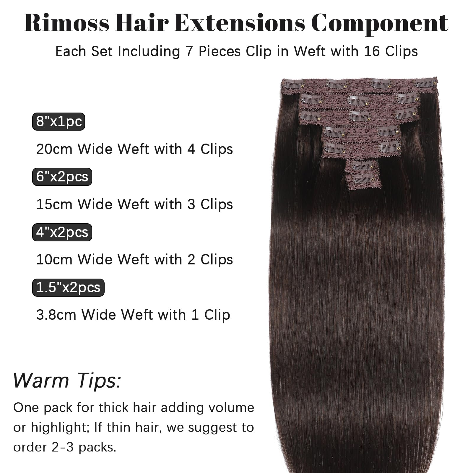 Rimoss Clip In Hair Extensions Real Human Hair, Premium Dark Brown Remy Human Hair Clip In Extensions Straight, Soft 7Pcs Hair E