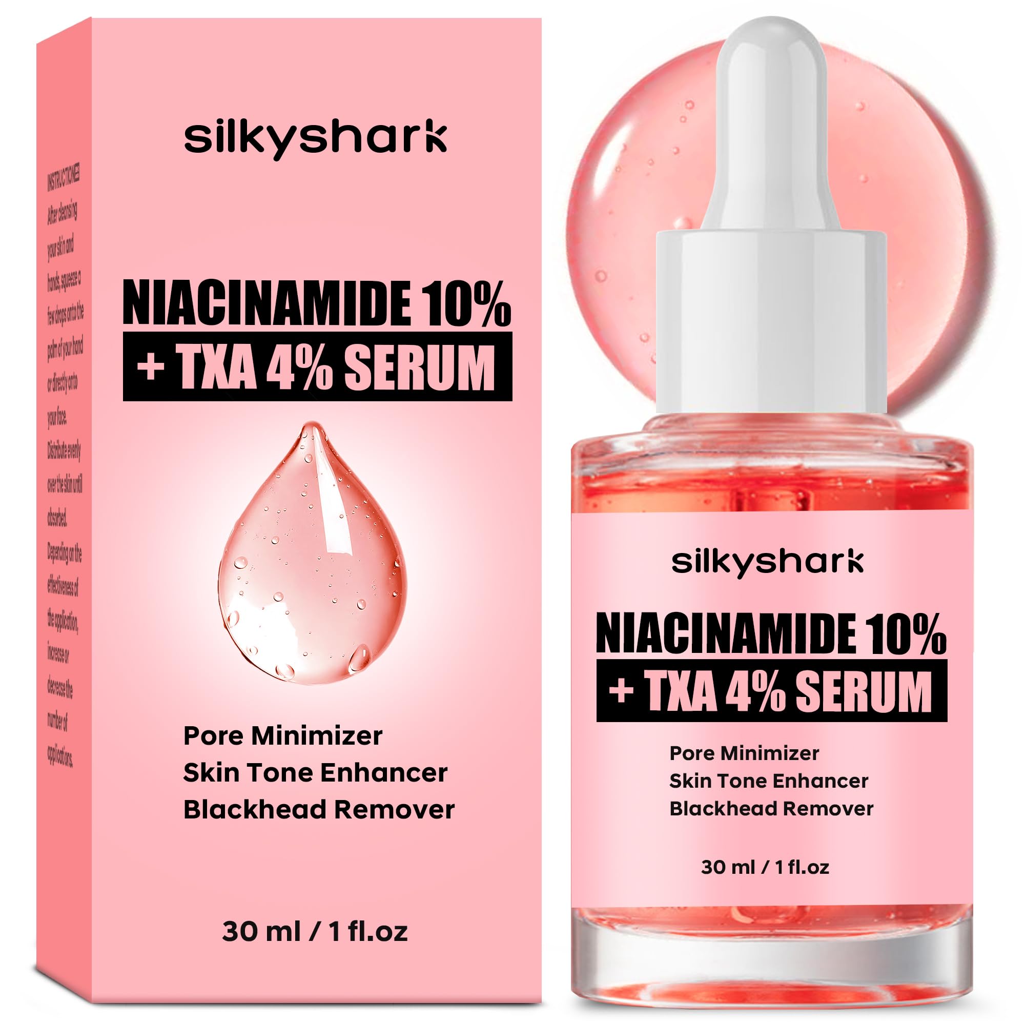 SilkyShark Niacinamide Serum (1 Fl Oz), 10% Niacinamide + 4% Tranexamic Acid, Face Serum for Pore Minimizing, Dark Spots, Blackh