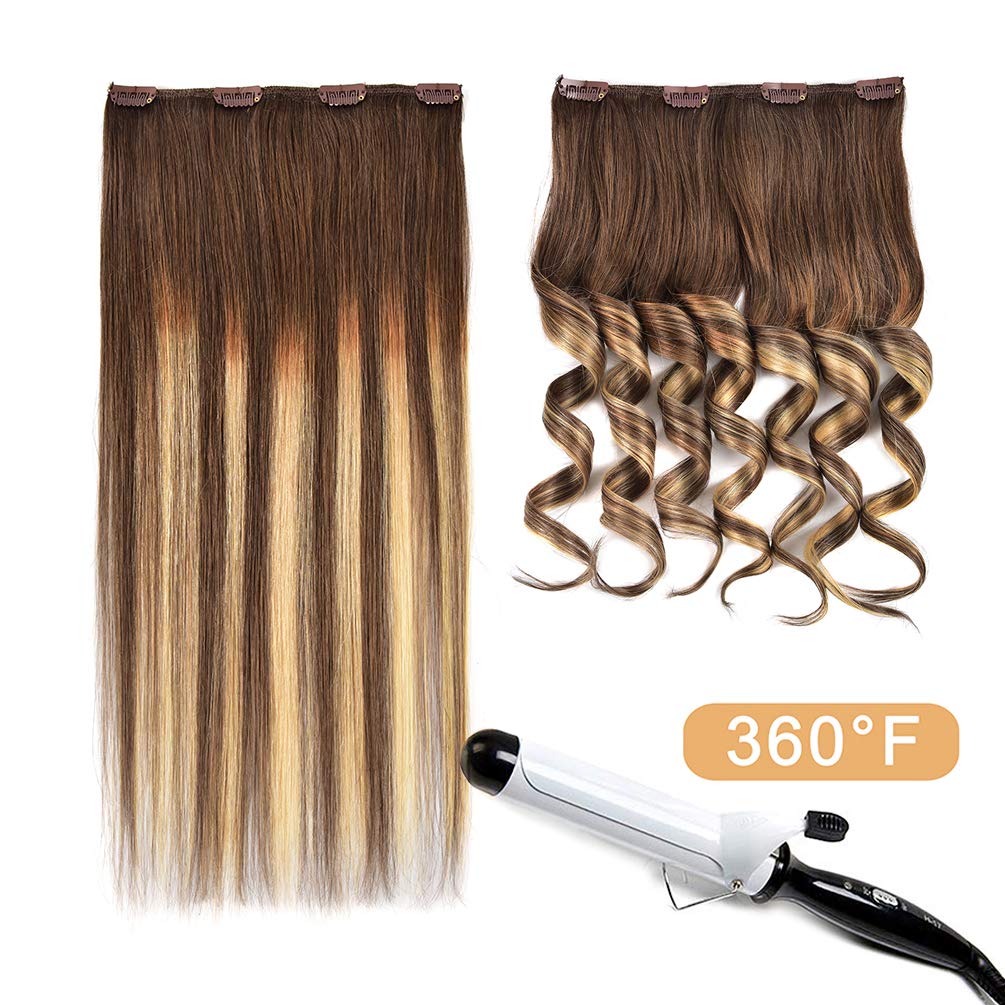 5 Pieces 14'' Remy Clip In Hair Extensions Human Hair Light Brown To Dirty Blonde Highlight Brown Ombre - Silky Straight Short T