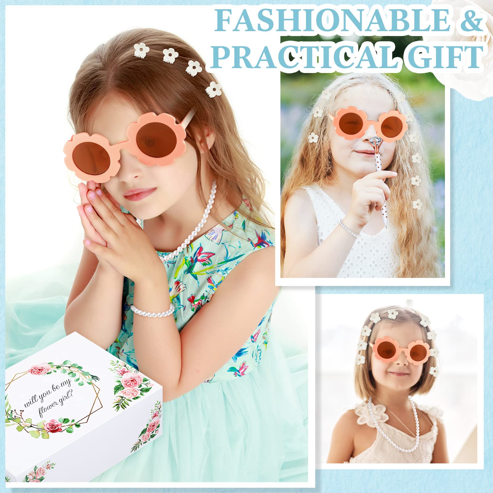 16 Pcs Flower Girl Proposal Box Kit Gifts Round Glasses Necklace Pearl Bracelet Diamond Pen Hair Scrunchies Rose Will You Be My