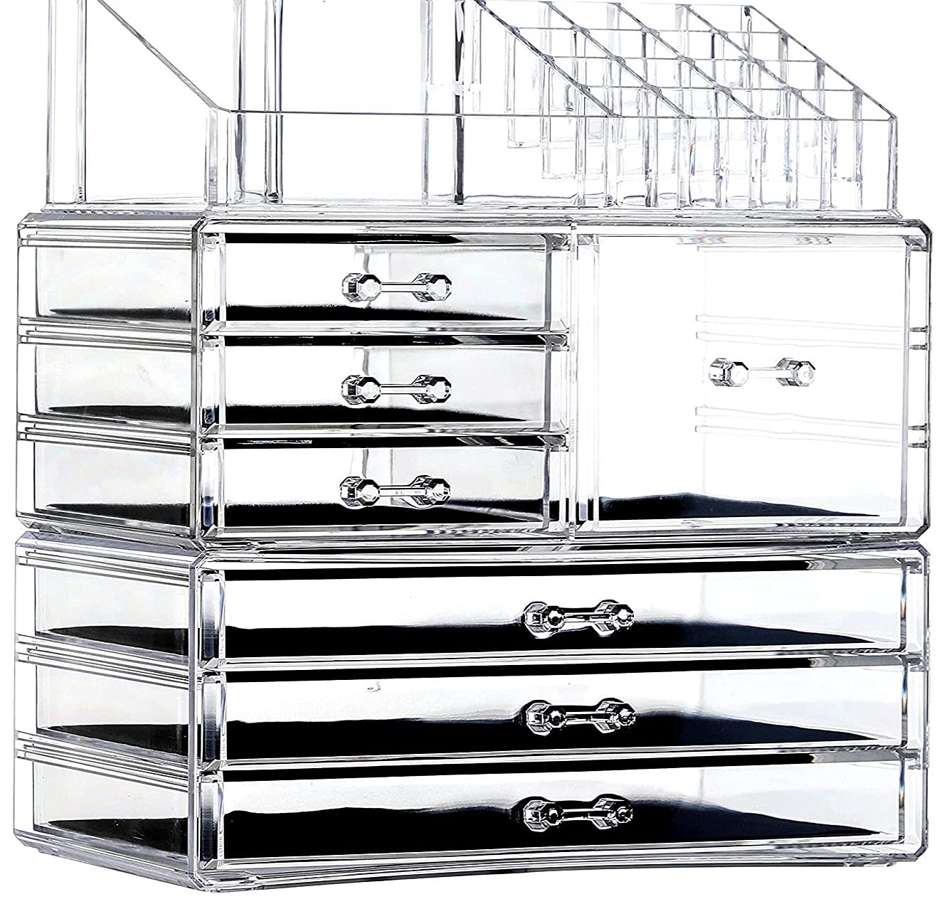 Cq acrylic 3 Pack Clear Make Up Organizers for Vanity,Stackable 7 Drawers Make Up Organizer,Cute Desk Organizer for Vanity Jewel