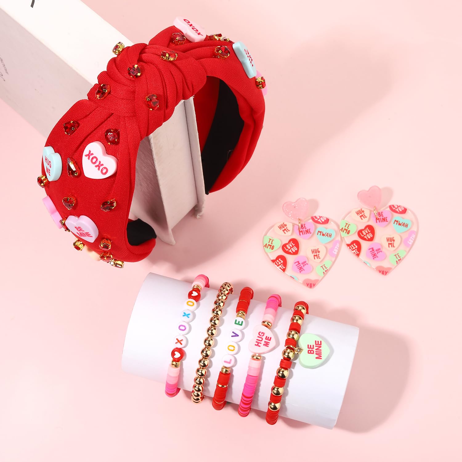 Cealxheny Valentines Day Headbands For Women Xoxo Kiss Heishi Bracelets Glitter Heart Earrings Lover Outfits Accessories Valenti