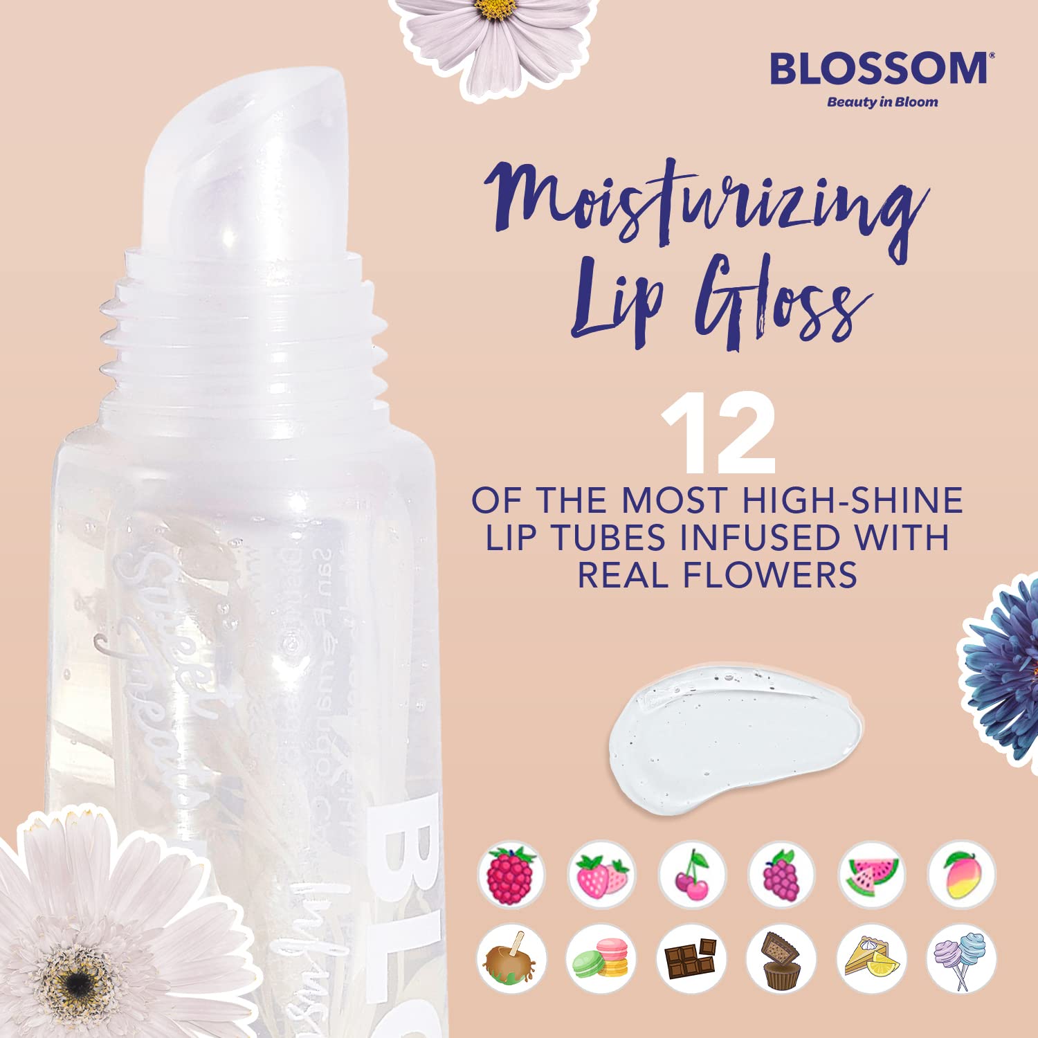 Blossom Scented Moisturizing Lip Gloss Tubes, Infused With Real Flowers, 0.3 Fl. Oz/9Ml, Coconut Macaroon
