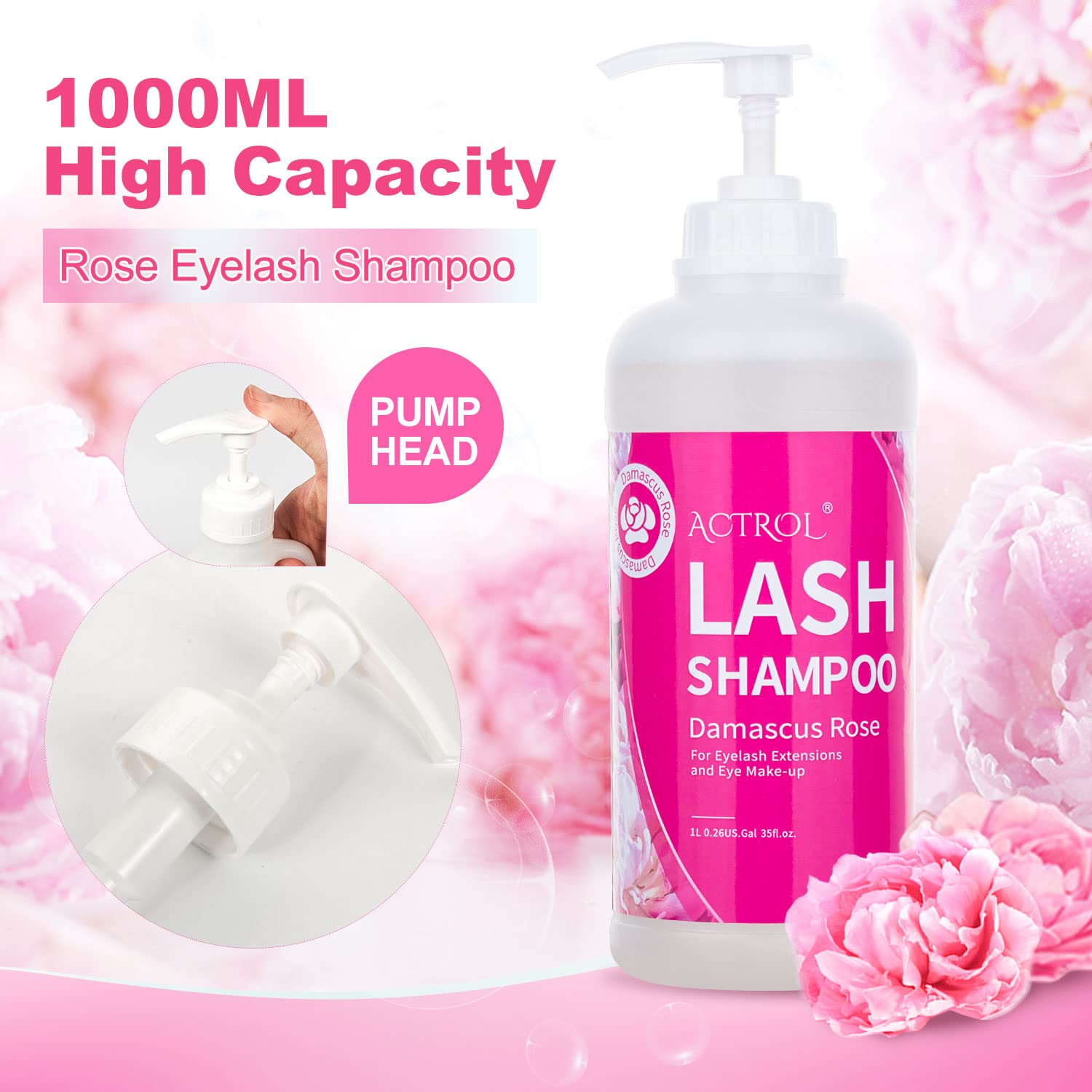 Actrol Eyelash Extension Cleanser Rose 1L Natural Lash Extension Shampoo Professional Eyelid Foaming Cleanser Paraben & Sulfate