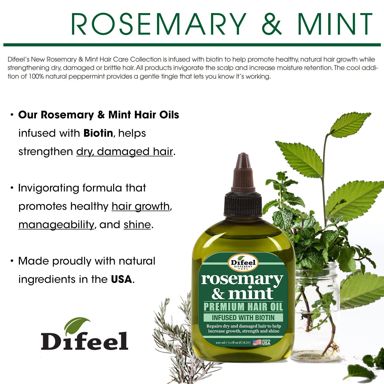 Difeel Rosemary And Mint Premium Hair Oil With Biotin 7.1 Oz. (Pack Of 2) - Made With Natural Mint & Rosemary Oil For Hair Growt