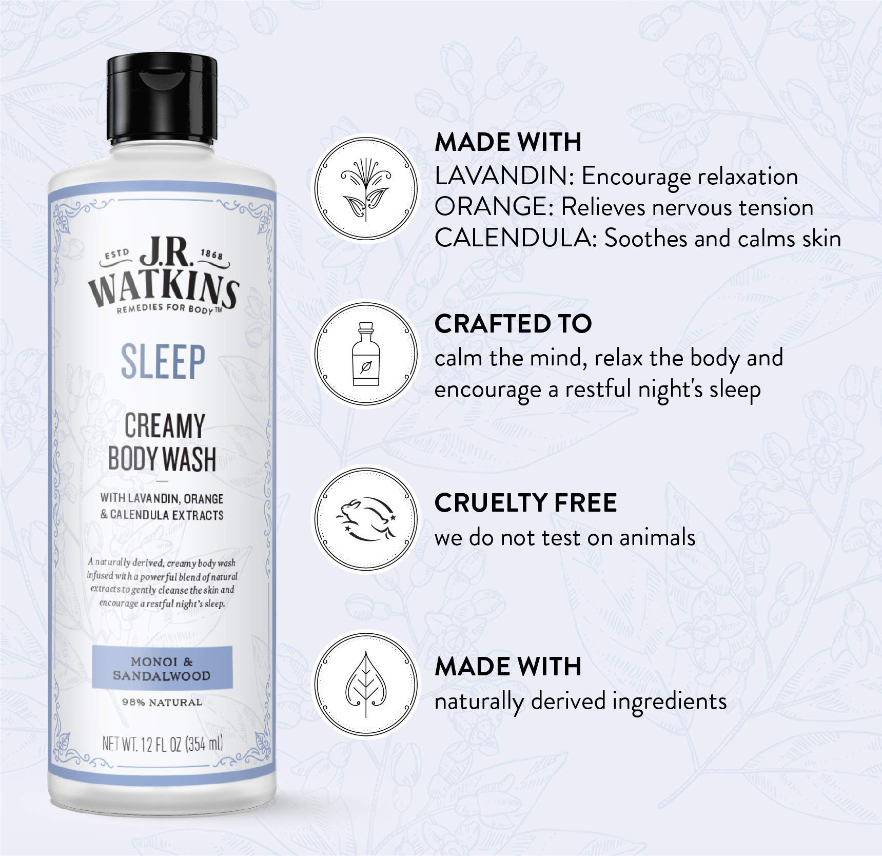 J.R. Watkins Sleep Creamy Moisturizing Body Wash, Cleanses & Encourages Restful Sleep, Natural Monoi & Sandalwood, 12 Oz