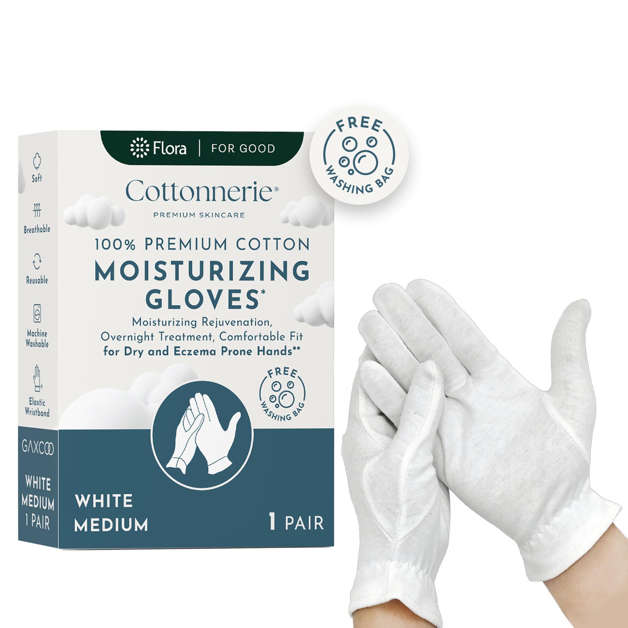 Gaxcoo Cottonnerie Medium 1 Pair 100% Premium Cotton Moisturizing Gloves for Dry Hands & Eczema | Overnight Lotion & Spa Treatme