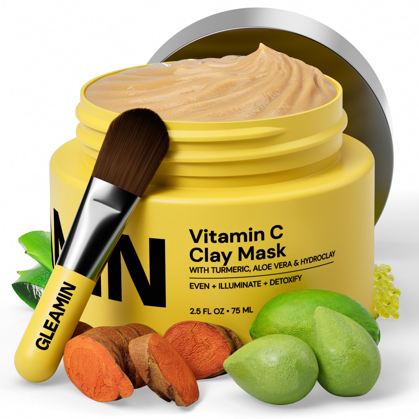 Gleamin Vitamin C Clay Mask - 10-Minutes for Dark Spots, Turmeric Face Mask Skin Care, Deep Cleansing Pores - Facial Improves Un