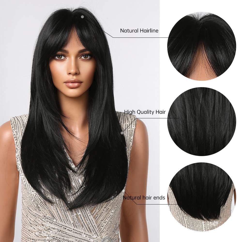 Testar Black Wigs For Black Women Long Straight Layered Black Wigs With Curtain Bangs Synthetic Heat Resistant Wig Natural Looki