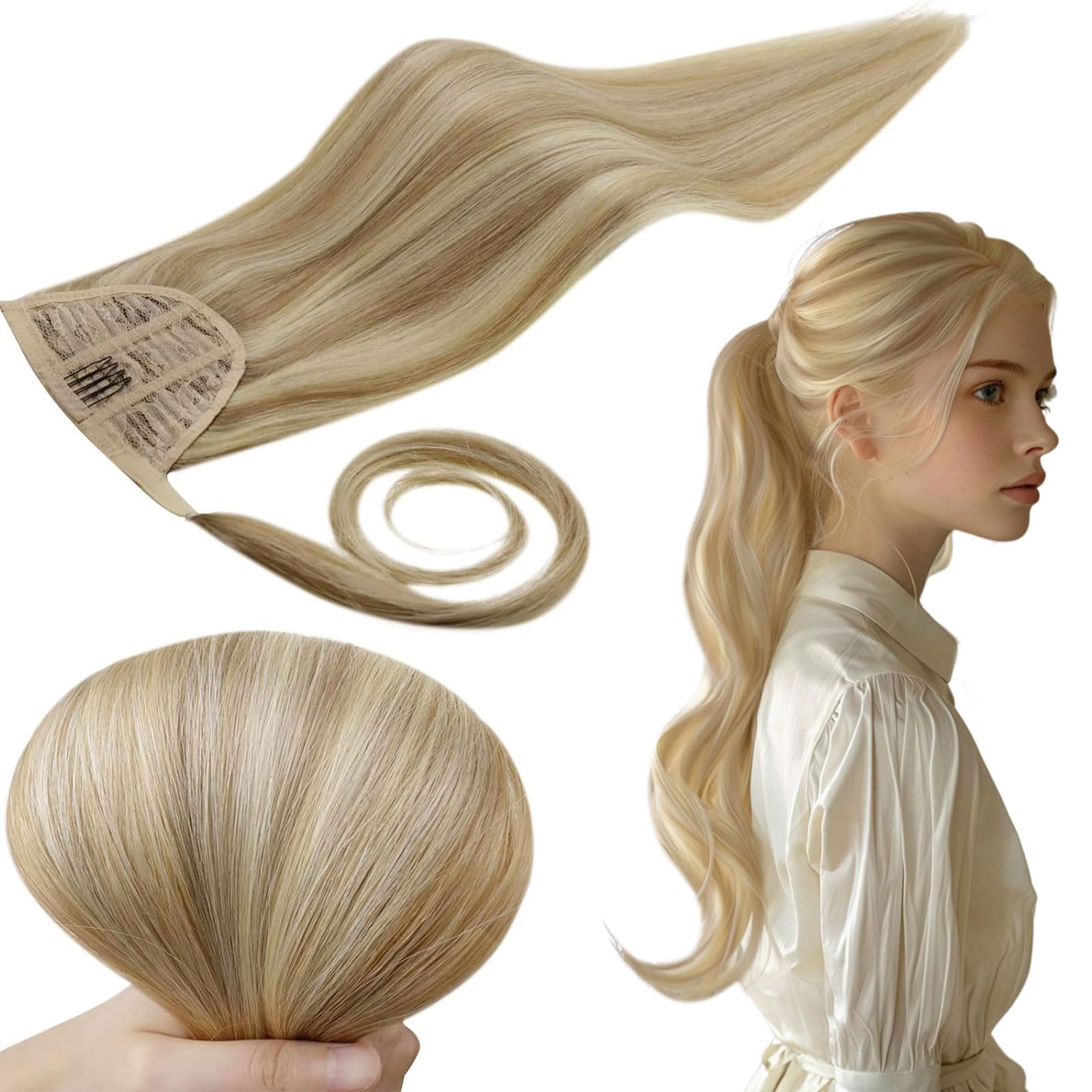 RUNATURE Human Hair Ponytail Extension Blonde Straight Ponytail Hair Extensions Human Hair Full Ends Golden Blonde Highlight Lig