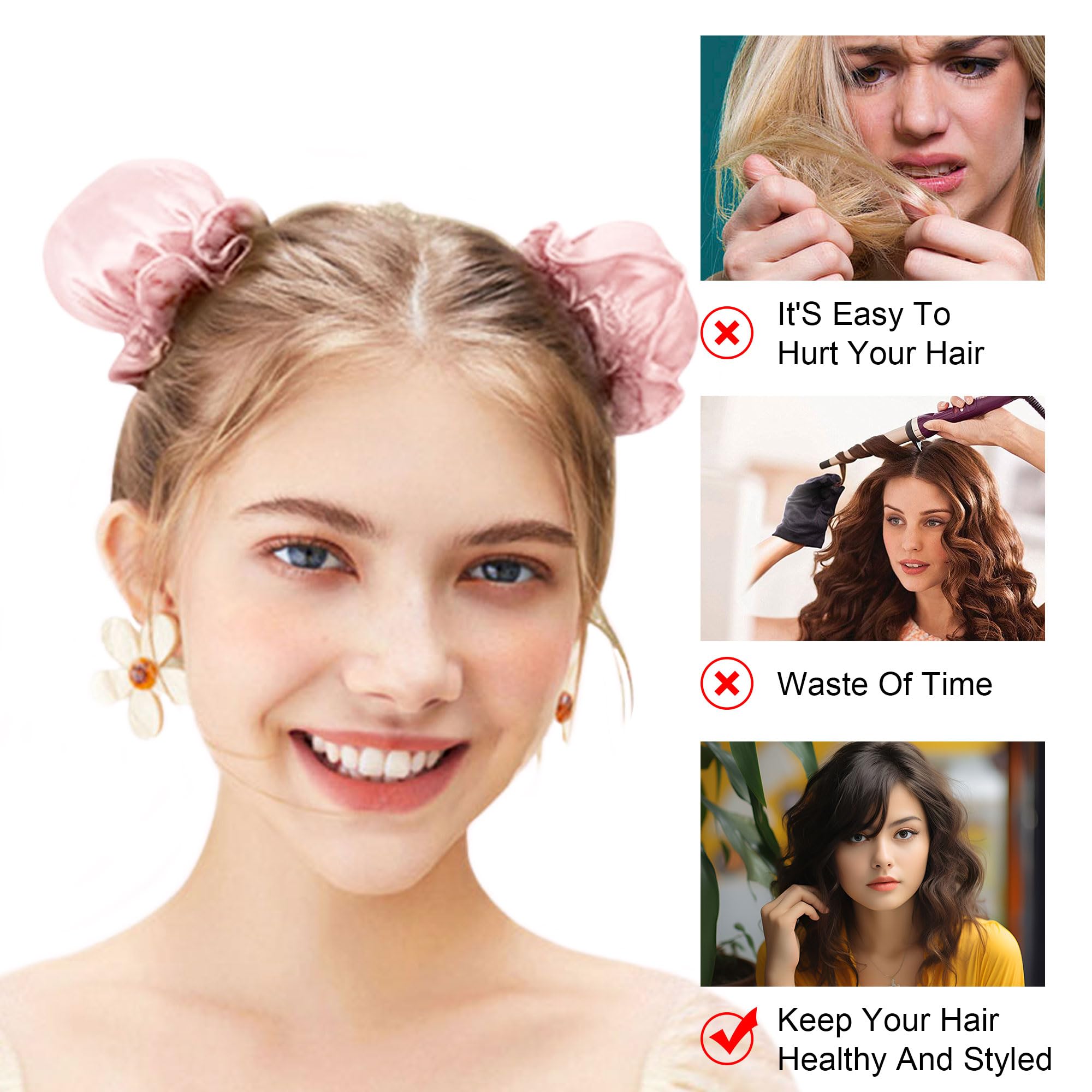 6 Pcs Heatless Hair Curling Set With Satin Overnight Headbands - Creates Beautiful Curls Without Heat Damage (Pale Pink)