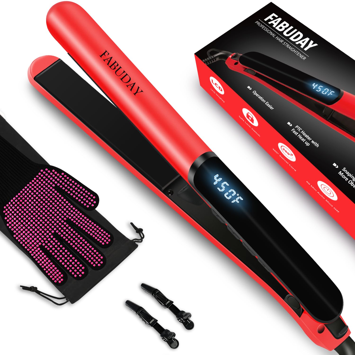 Fabuday Flat Iron Hair Straightener Dual Voltage - Heat Up Quickly, LCD Display & Auto Shut-Off, 12 Adjustable Temp Hot Iron for