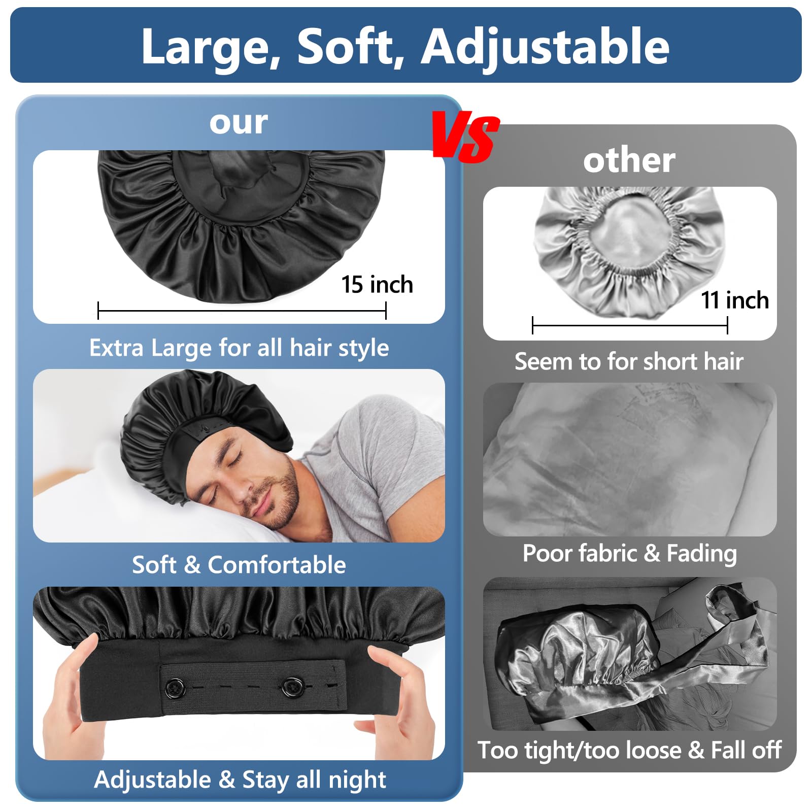 Silk Bonnets For Men, Satin Bonnet For Sleeping, Adjustable Hem & Double Layer, Large Sleep Bonnet For Curly Hair Braids Stay On