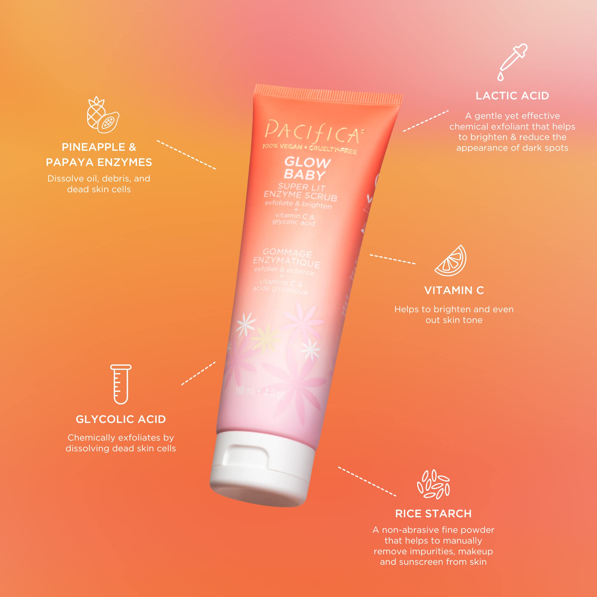 Pacifica Face Scrub - Glow Baby Super Lit Enzyme Scrub Mini, Skincare, Exfoliating Face Wash, Vitamin C, Glycolic Acid, Pore Cle