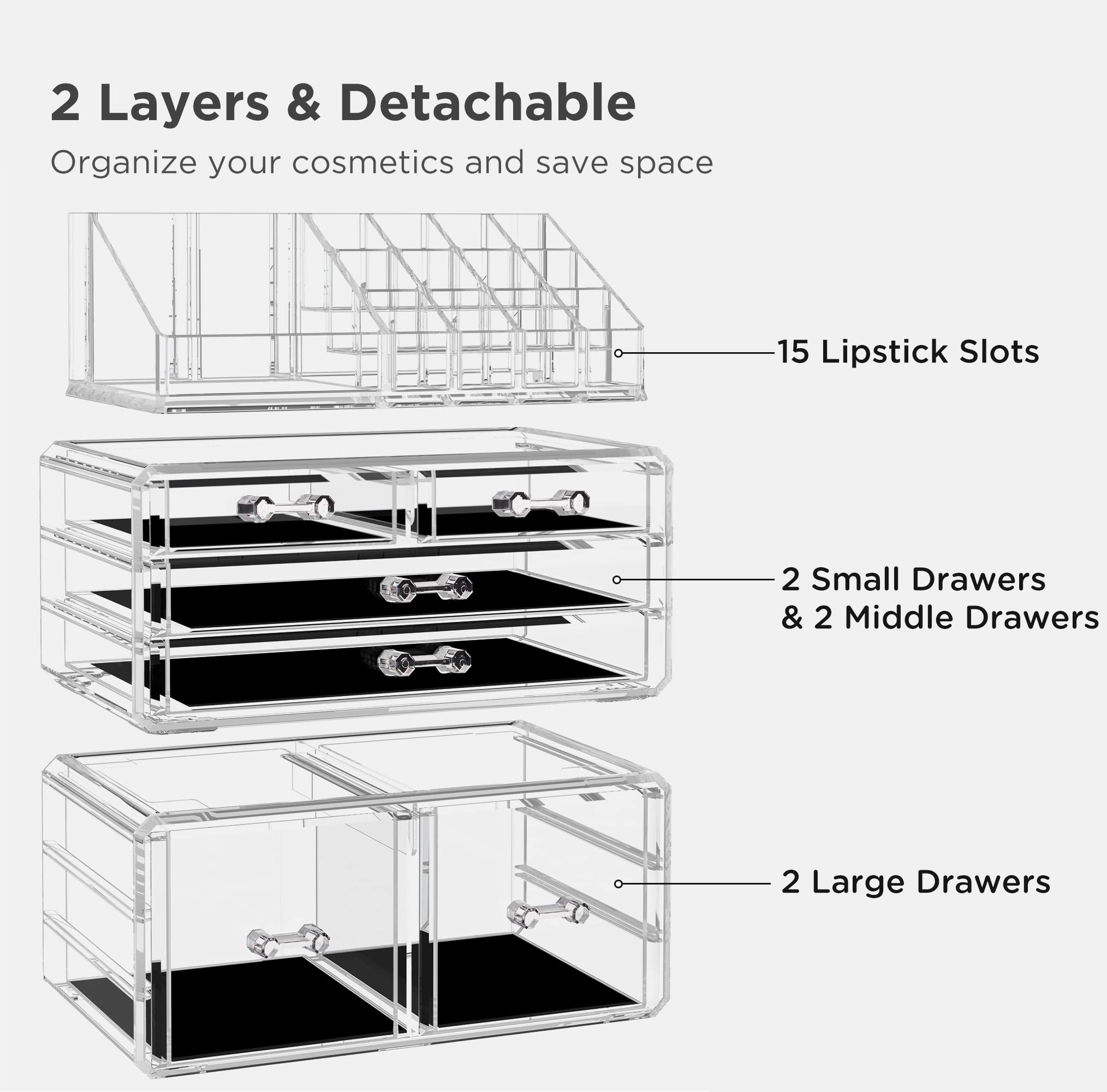 Hblife Acrylic Clear Dustproof Makeup Storage Organizer Drawers Large Skin Care Cosmetic Display Cases For Bathroom Stackable St