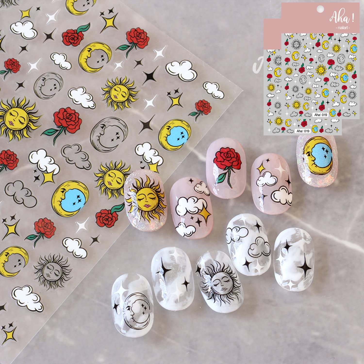 Hand Draw Style Abstract Different Sky Nail Art Stickers Decals Sun Moon Star Cloud Rose Nail Art Sticker 3D Self Adhesive DIY D