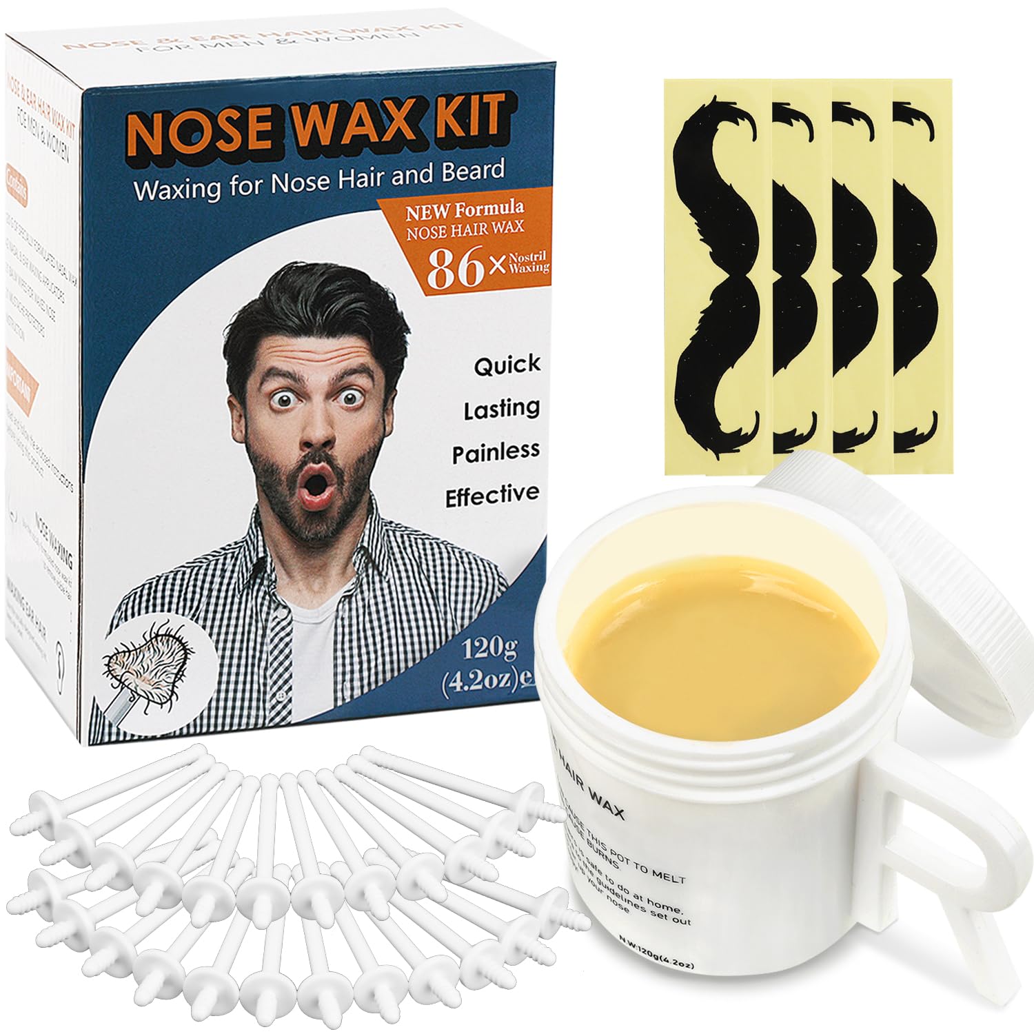 Hypoallergenic Nose and Ear Waxing Kit for Men and Women - 120g with 42 Wax Sticks, 21 Post-Waxing Wipes, 21 Mustache Guards by 