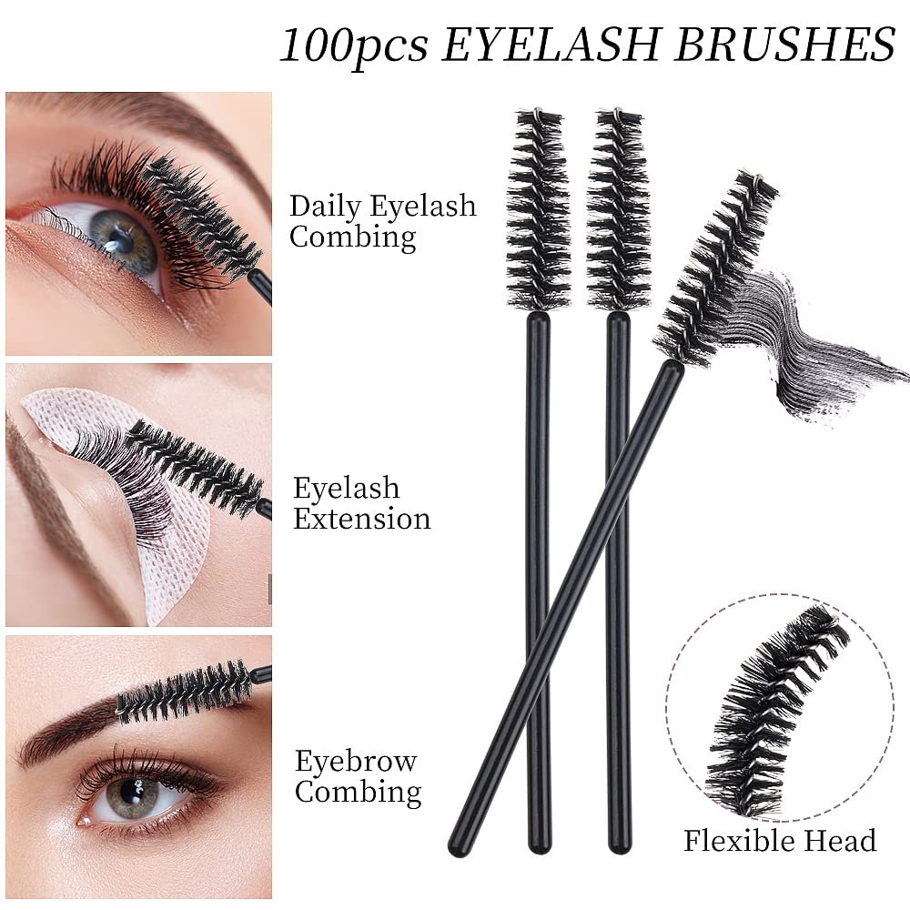 100 Pack Mascara Wand Eyelash Brush Disposable Eye Lash Applicator Makeup Tool Kit (Black-Handle100Pcs)
