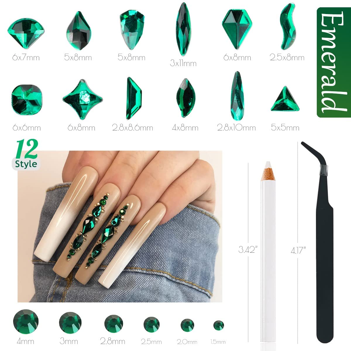 Qiipii Green Nail Rhinestones Multi Shapes Emerald Green Rhinestones For Nails Flatback Nail Big Gems K9 Glass Round Beads Stone