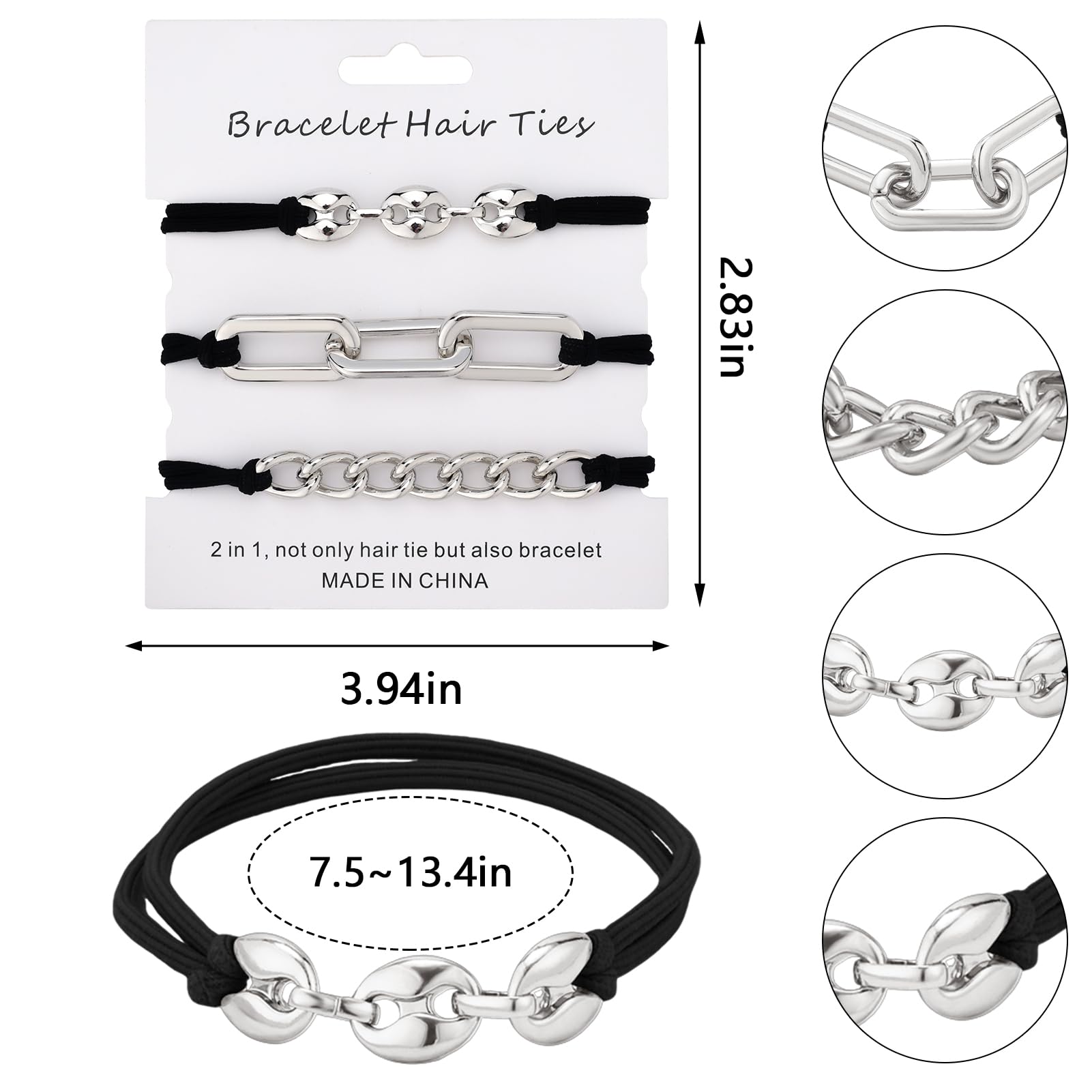 Bracelet Hair Ties Black Hair Tie Bracelets For Women 3 Pcs Hair Ties For Thick Hair With Gold Silvery And Beige Elastic Looks C