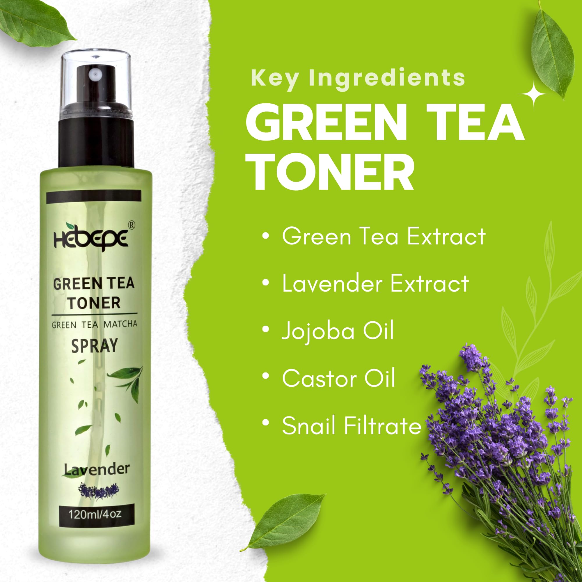 Hebepe Green Tea Matcha Facial Toner Mist With Lavender, Refreshing, And Soothing Face Toner, With Jojoba Oil, Castor Oil, Snail