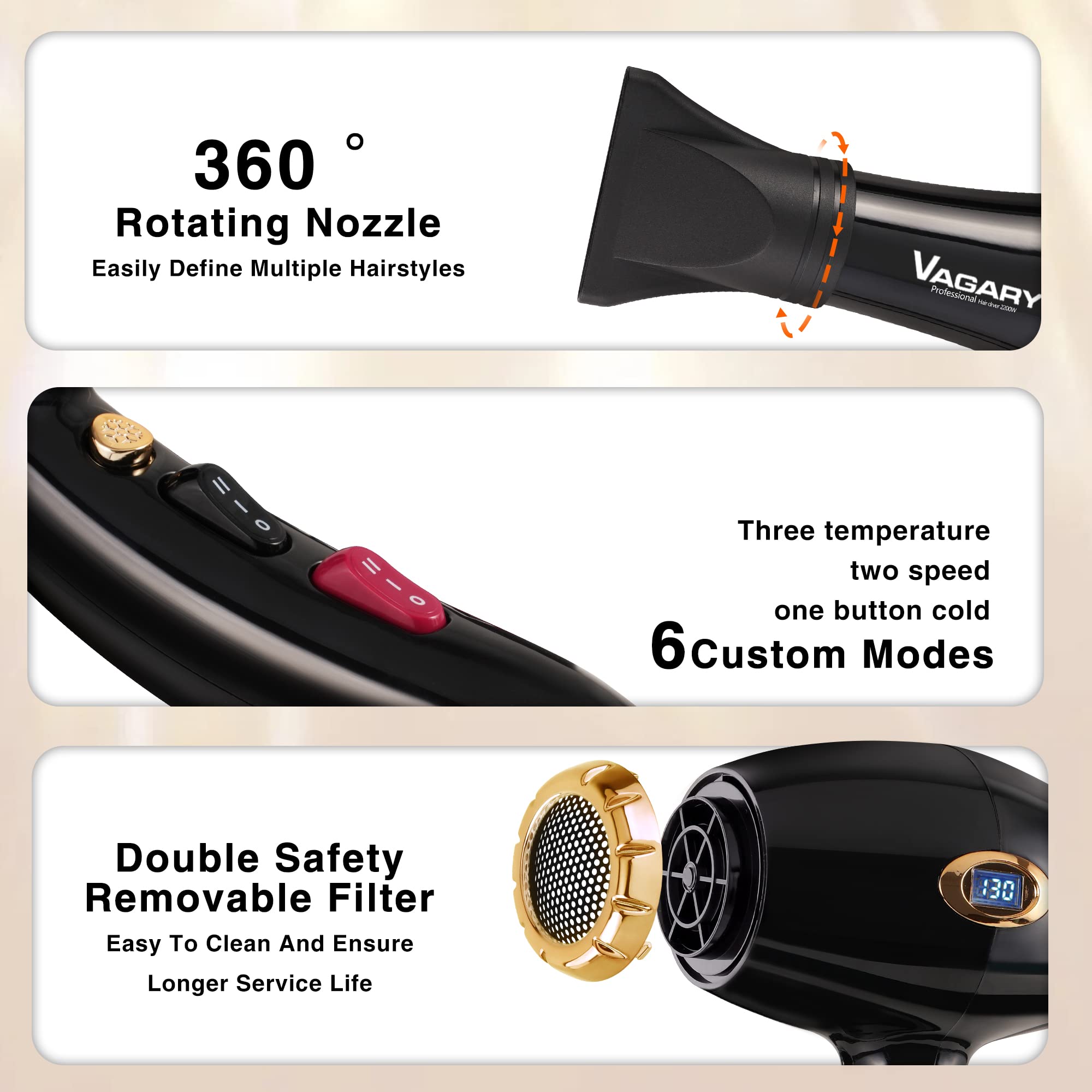 Vagary 6685G Professional Salon Hair Dryer 2200W With Icd Display,Negative Ionic Blow Dryer,Powerful Ac Motor Blow Dryer,Low Noi