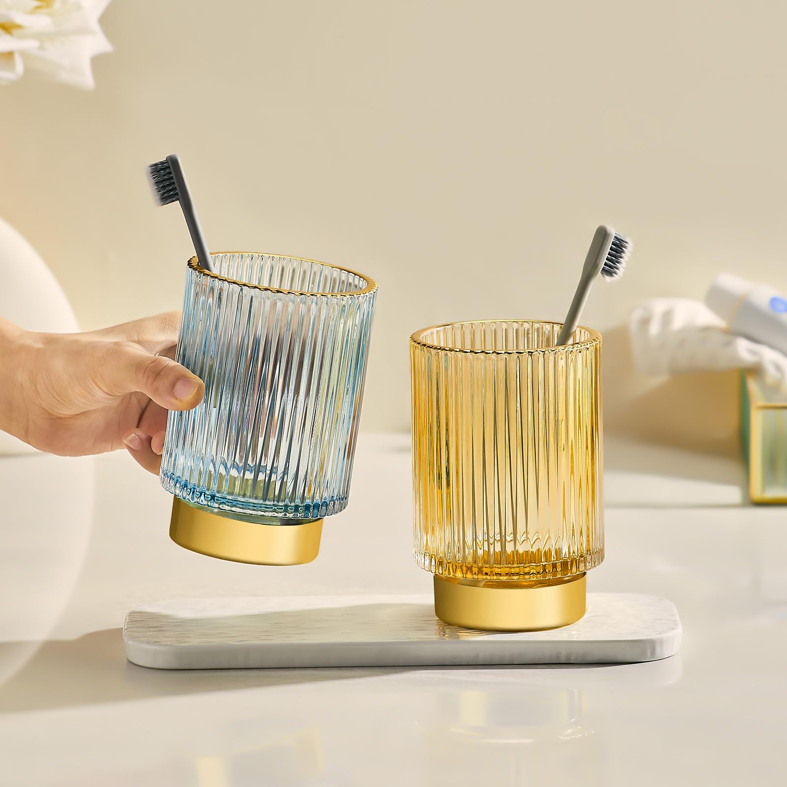 Leicurace Makeup Brush Holder Organizer,Toothbrush Holders,Desk Pen Pencil Holder,Multifunctional Vintage Glass Brush Cup(L/Gold