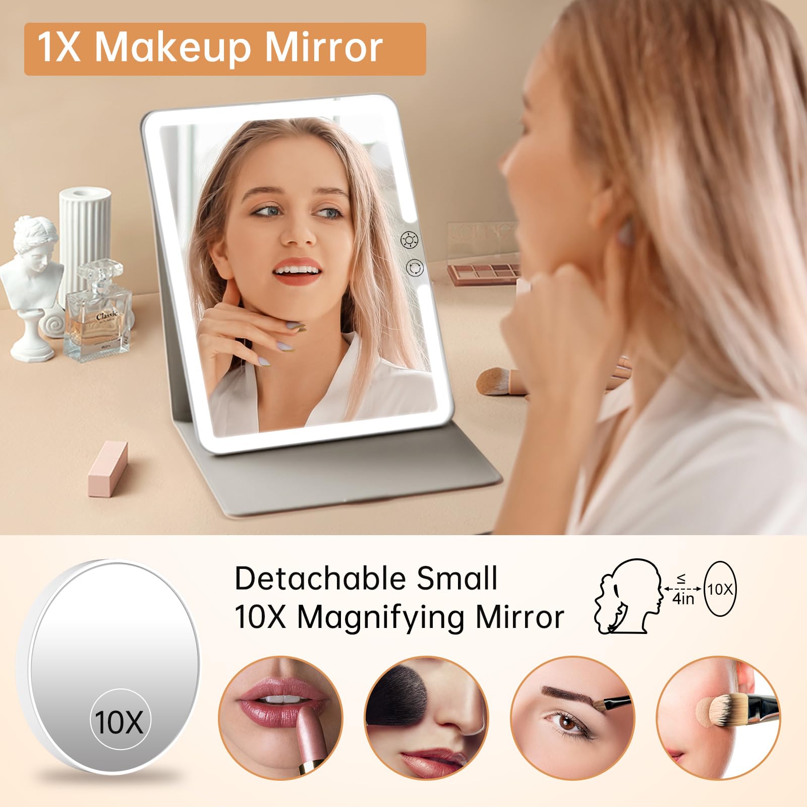 Funtouch 2500Mah Large Rechargeable Travel Makeup Mirror With Light, Portable Makeup Mirror With 10X Magnifying Mirror, 3 Lighti