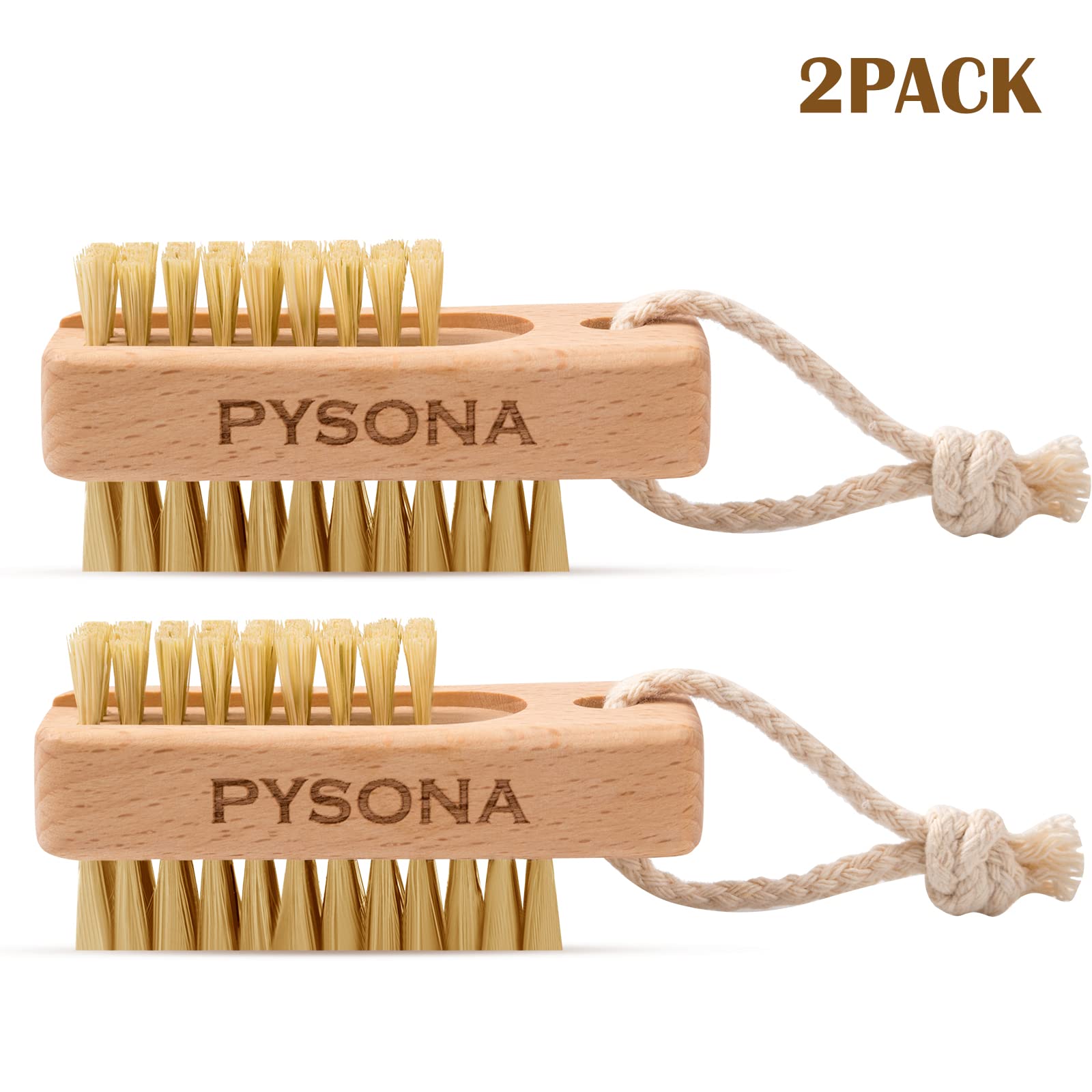 Pysona 2 Pieces Natural Wooden Bristle Nail Brushes For Cleaning Fingernail And Toenail Non-Slip Two-Sided Grip Hand Foot Nail B