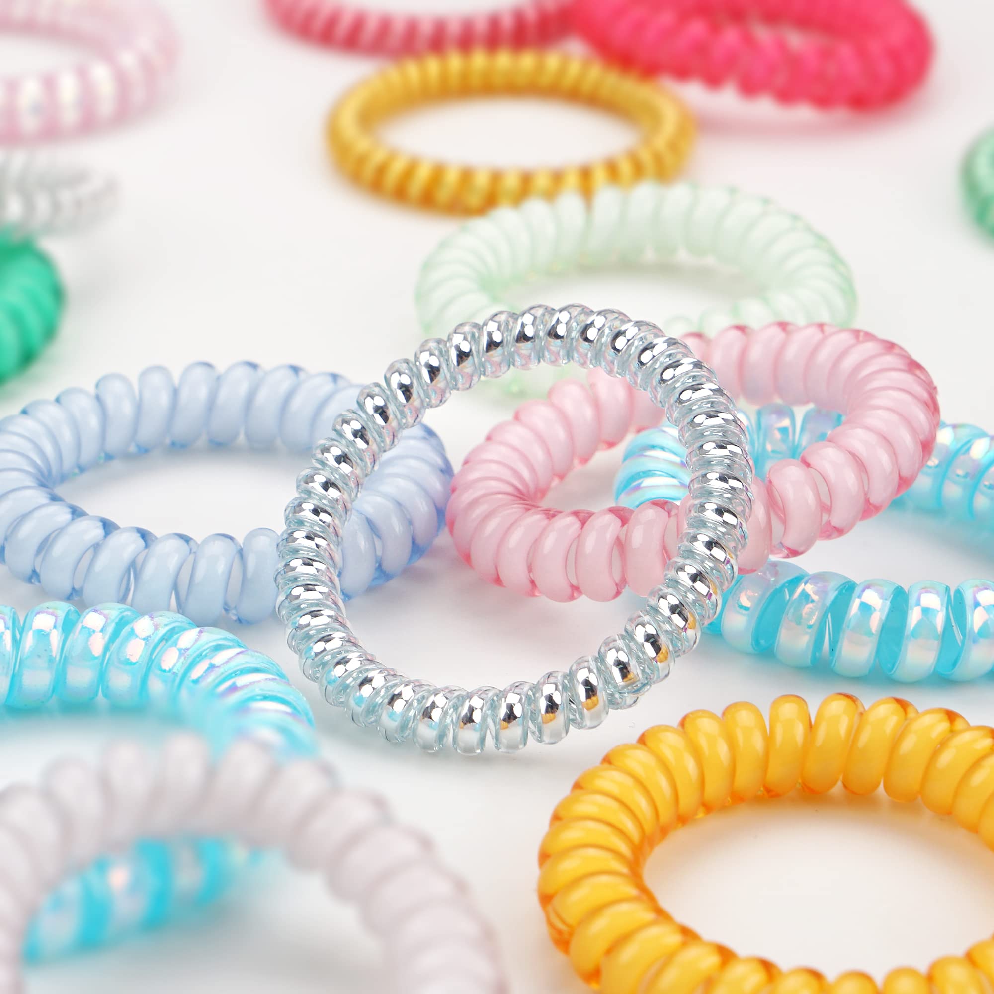 Ded 26 Pcs Spiral Hair Ties,No Crease Ponytail Holders,3 Styles Coil Hair Ties,Slim Laser Colors Spiral Bracelets,Phone Cord Flu