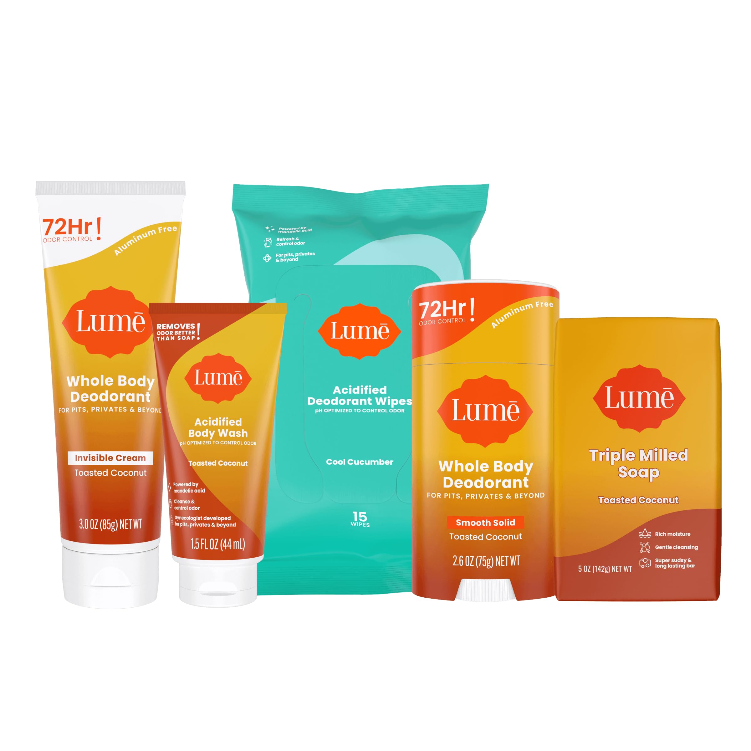 Lume Whole Body Deodorant Starter Pack - Solid Stick, Invisible Cream Tube, Acidified Body Wash Mini, Soap, Acidified Deodorant 