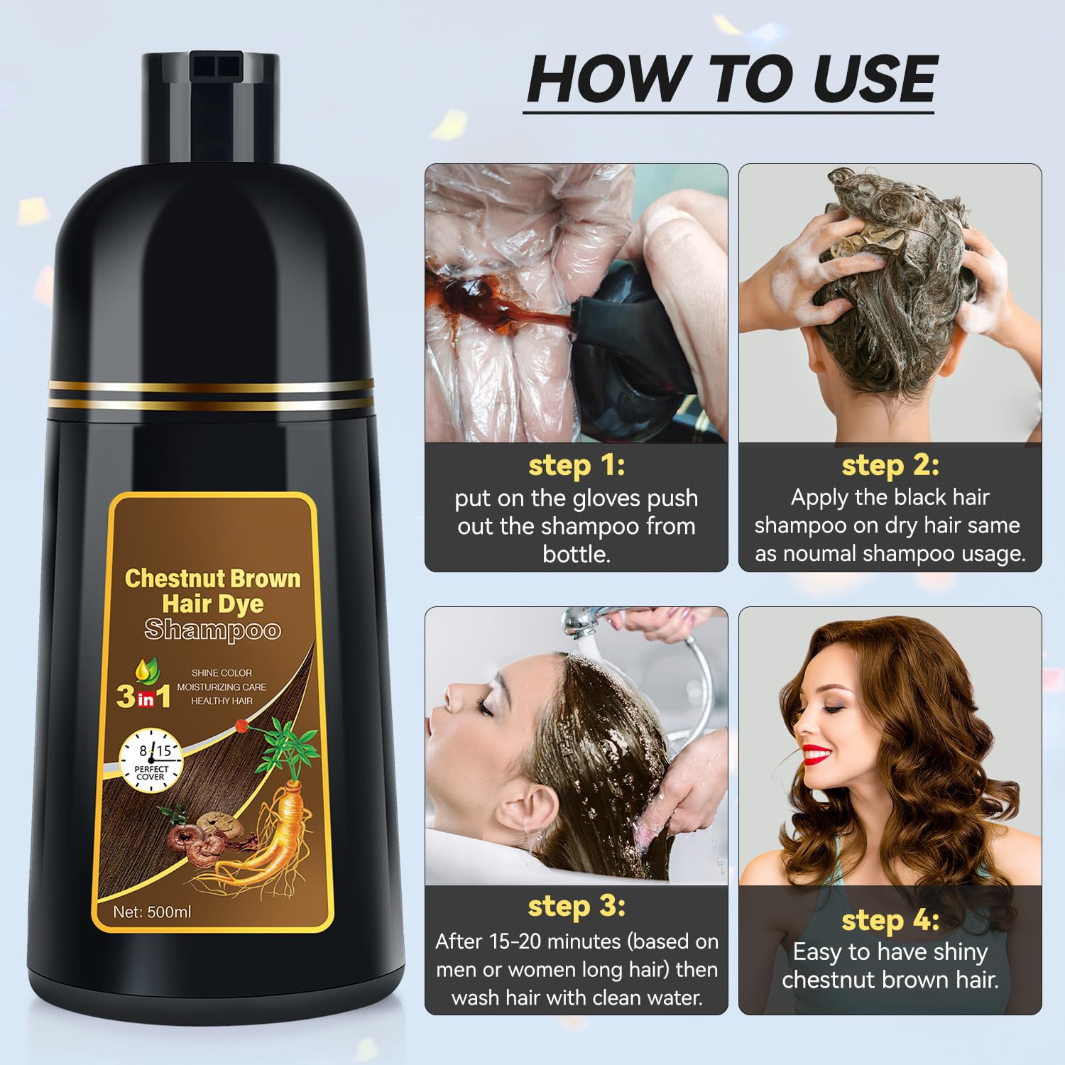 Yourtone Hair Dye Shampoo Chestnut Brown Men And Women Instant & Easy 3-In-1 Hair Dye Shampoo With Herbal Ingredients Ammonia-Fr