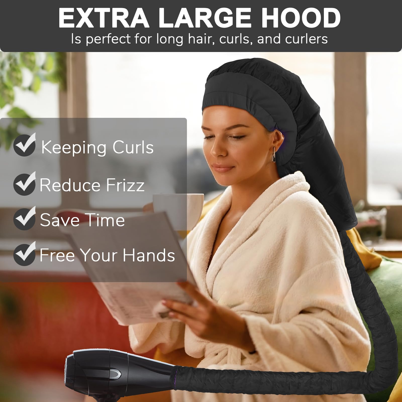 Hair Dryer Bonnet, Large Bonnet Hooded Hair Dryer Attachment For Speeds Up Drying Time & Deep Conditioning, Fits All Head Sizes