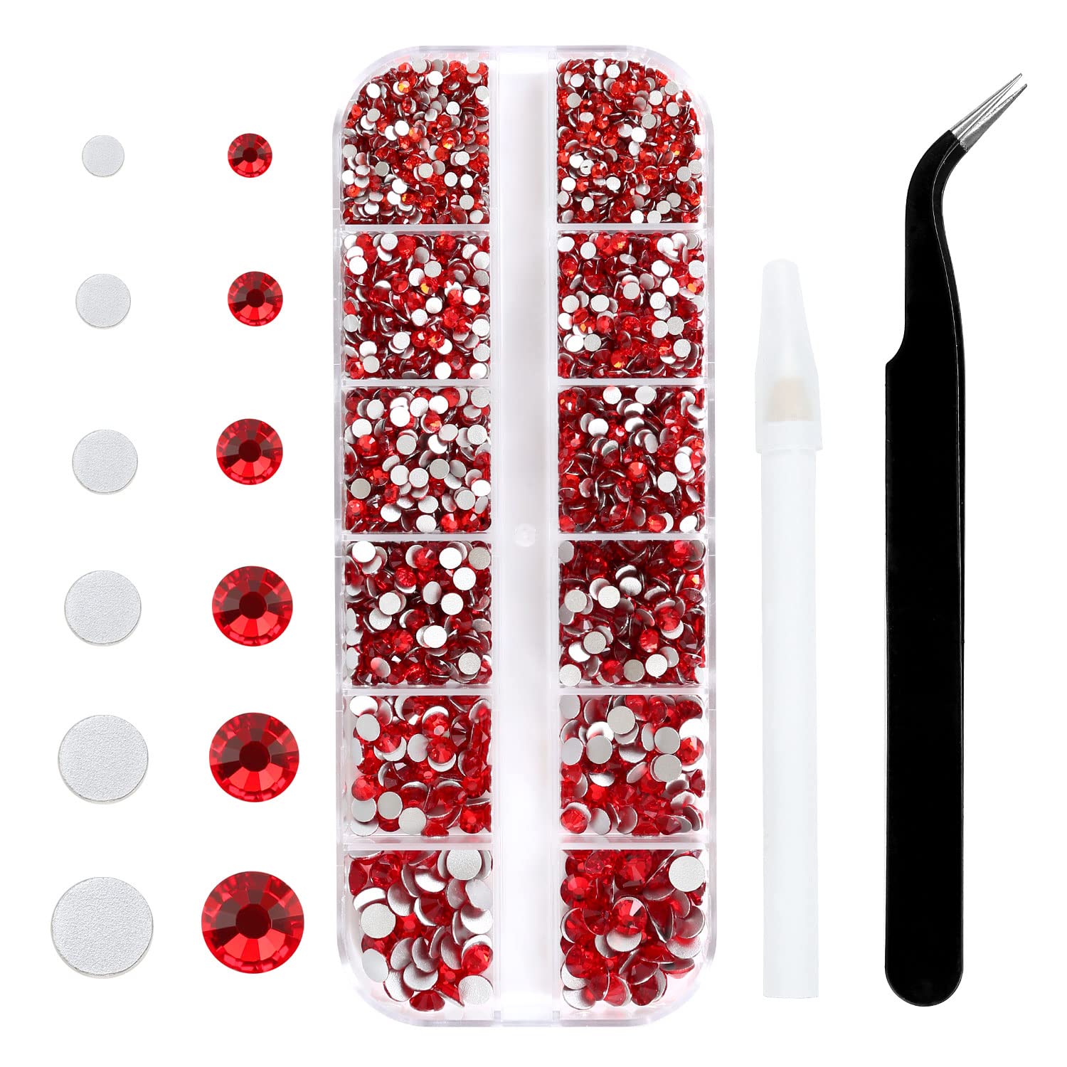 4240Pcs Flatback Red Rhinestones Glass Crystal Diamonds for Nail Art Eye Jewels Glitter Round with Tweezers and Picking Pen (SS6