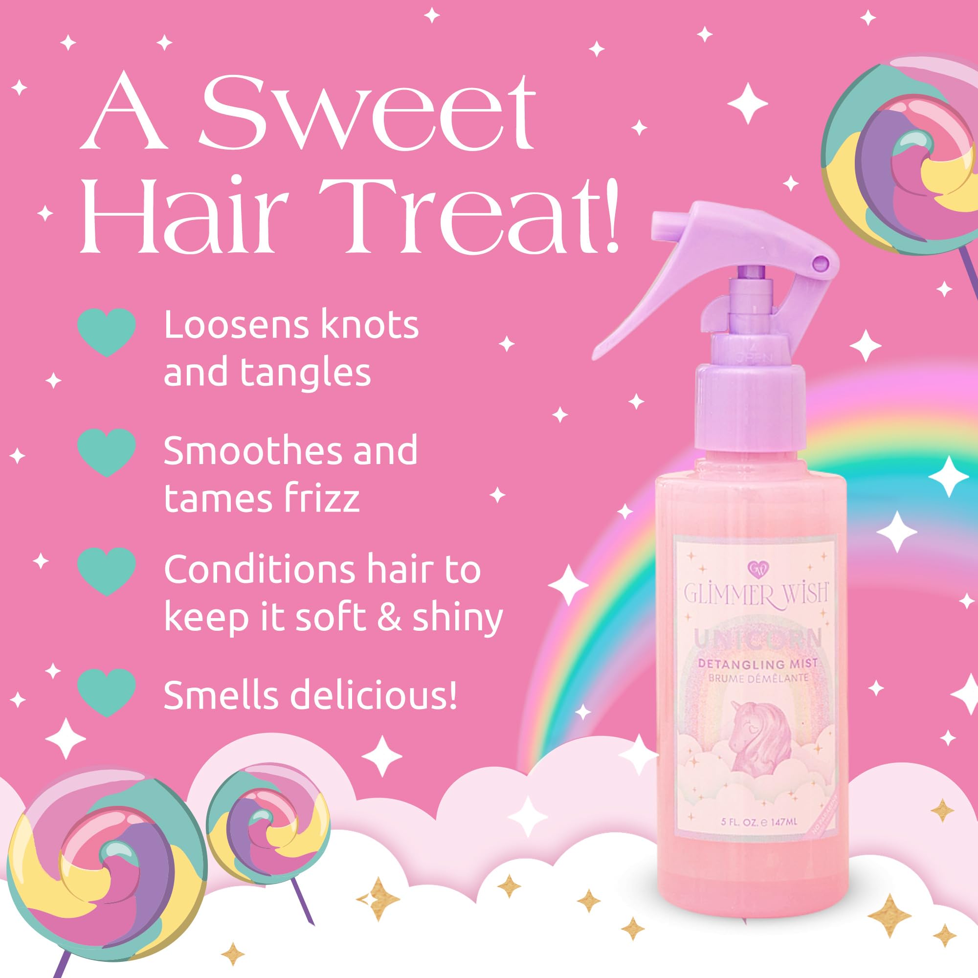 Glimmer Wish Unicorn Hair Detangling Mist, Vanilla Cotton Candy Scent Kids Detangler Spray, Coconut And Macadamia Oil For Hair T