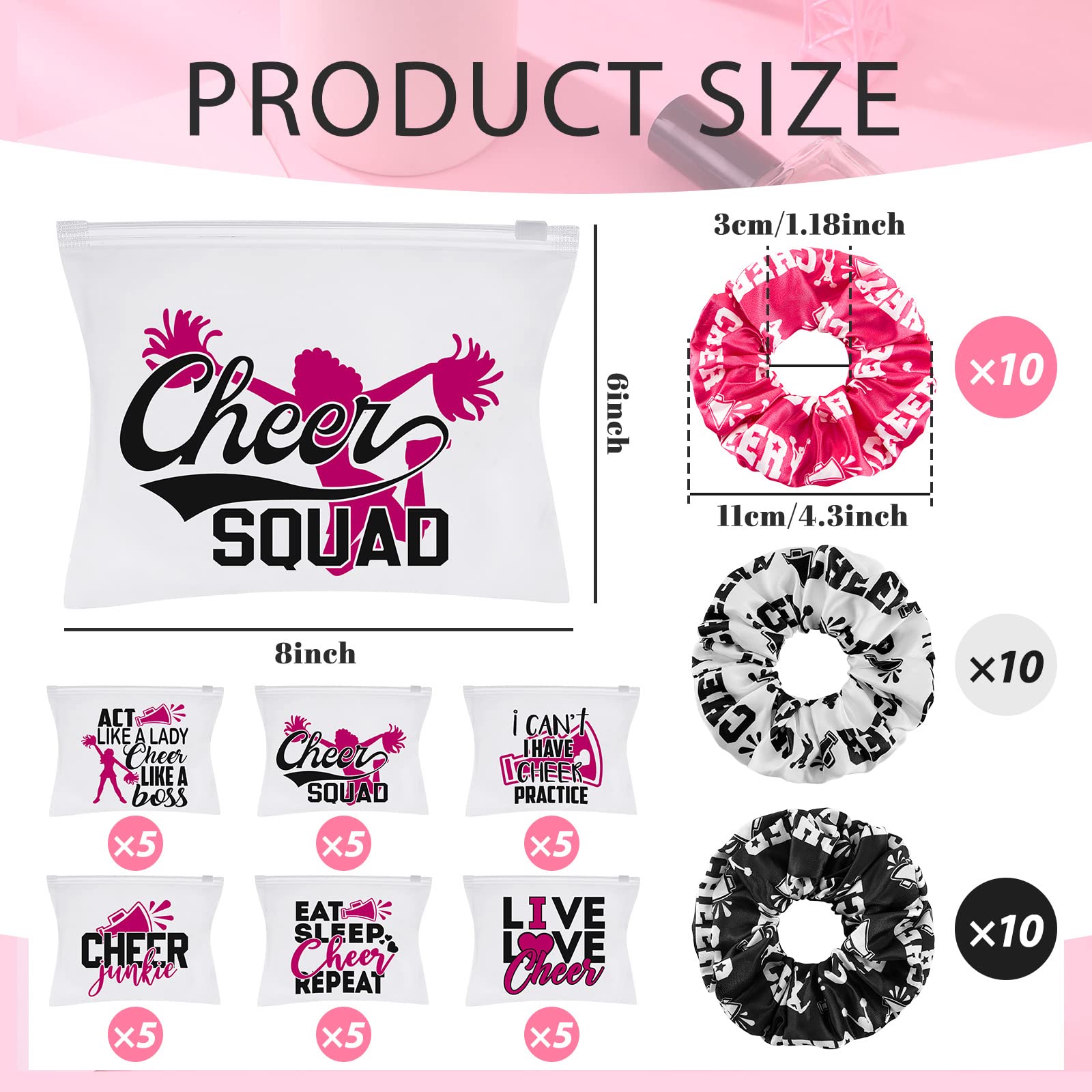 Amylove 65 Pcs Cheerleader Gifts Bulk Cheer Makeup Bag Portable Sports Cosmetic Zipper Pouches Cheer Scrunchies Cheerleading Hai