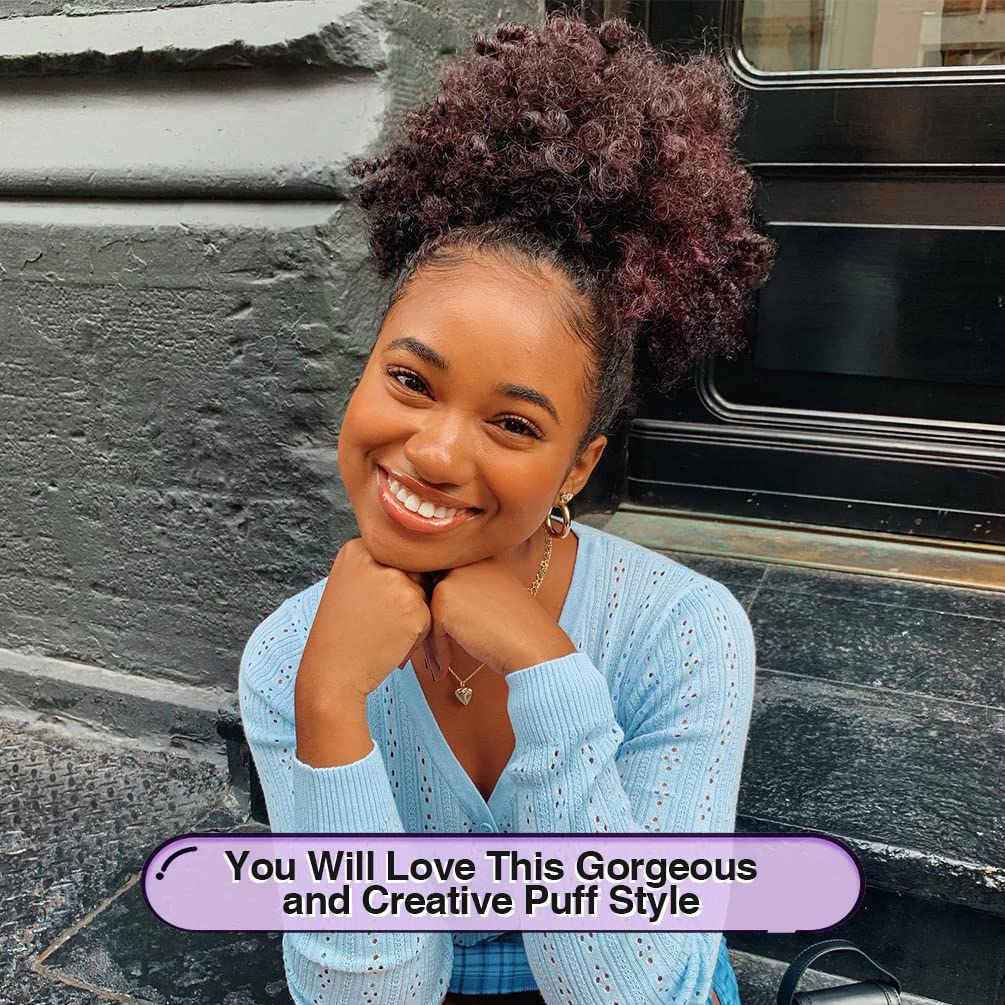 YEAME Afro Puff Drawstring Ponytail for Black Women, Ombre Burgundy Kinky Curly Synthetic Hair, 1 Count