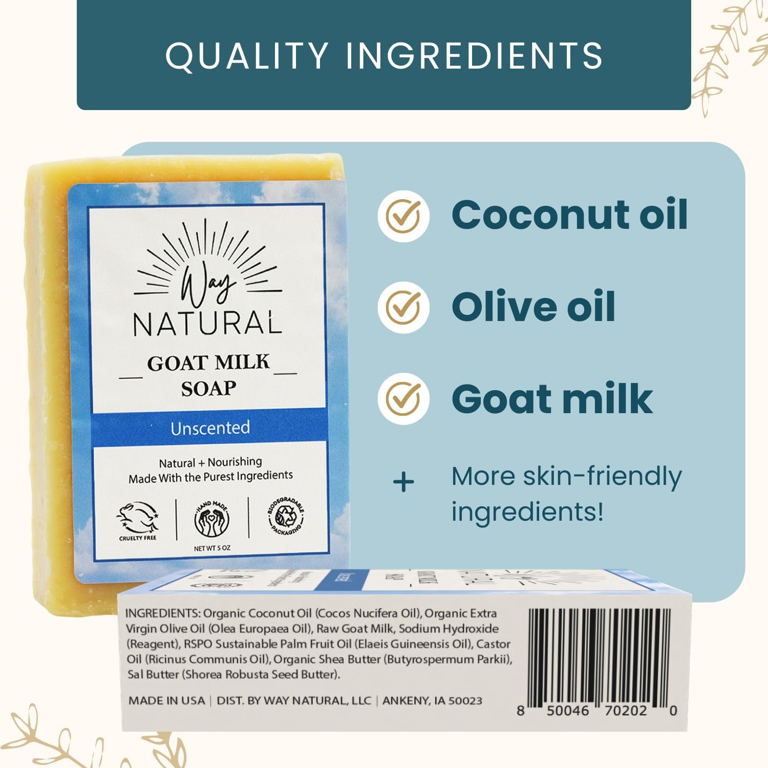 Way Natural Goat Milk Soap Bars, Unscented (3 Hand/Body Soap Bars) - Gentle, No Dyes, Real Goat Milk Bar Soap For Men & Women -