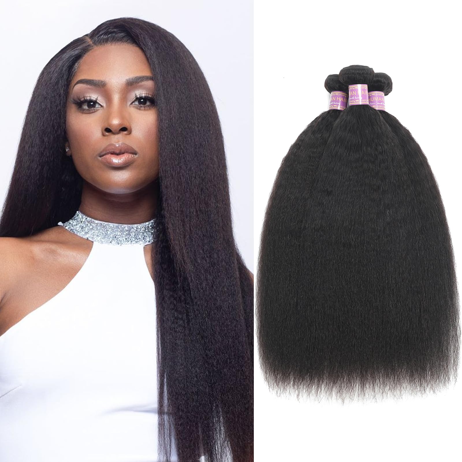 Kinky Straight Human Hair 3 Bundles 10 12 14 Inch Natural Black Yaki Straigh Brazilian Virgin Remy Hair Unprocessed Kinky Straig