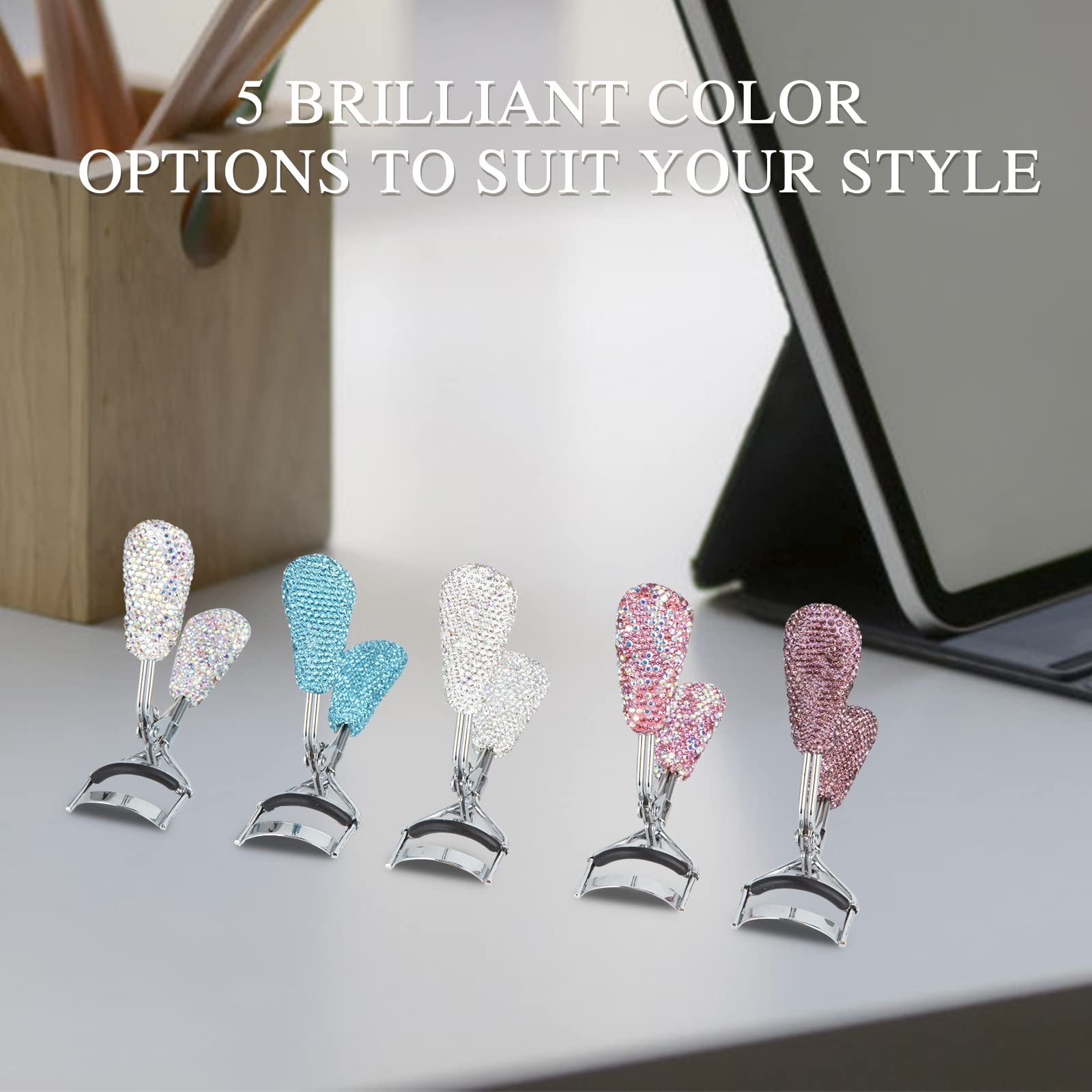 Bling Rhinestone Eyelash Curlers Stainless Steel Natural And Long Lasting Eyelash Fit For All Eye Shape Curved Lash Curler (Pink