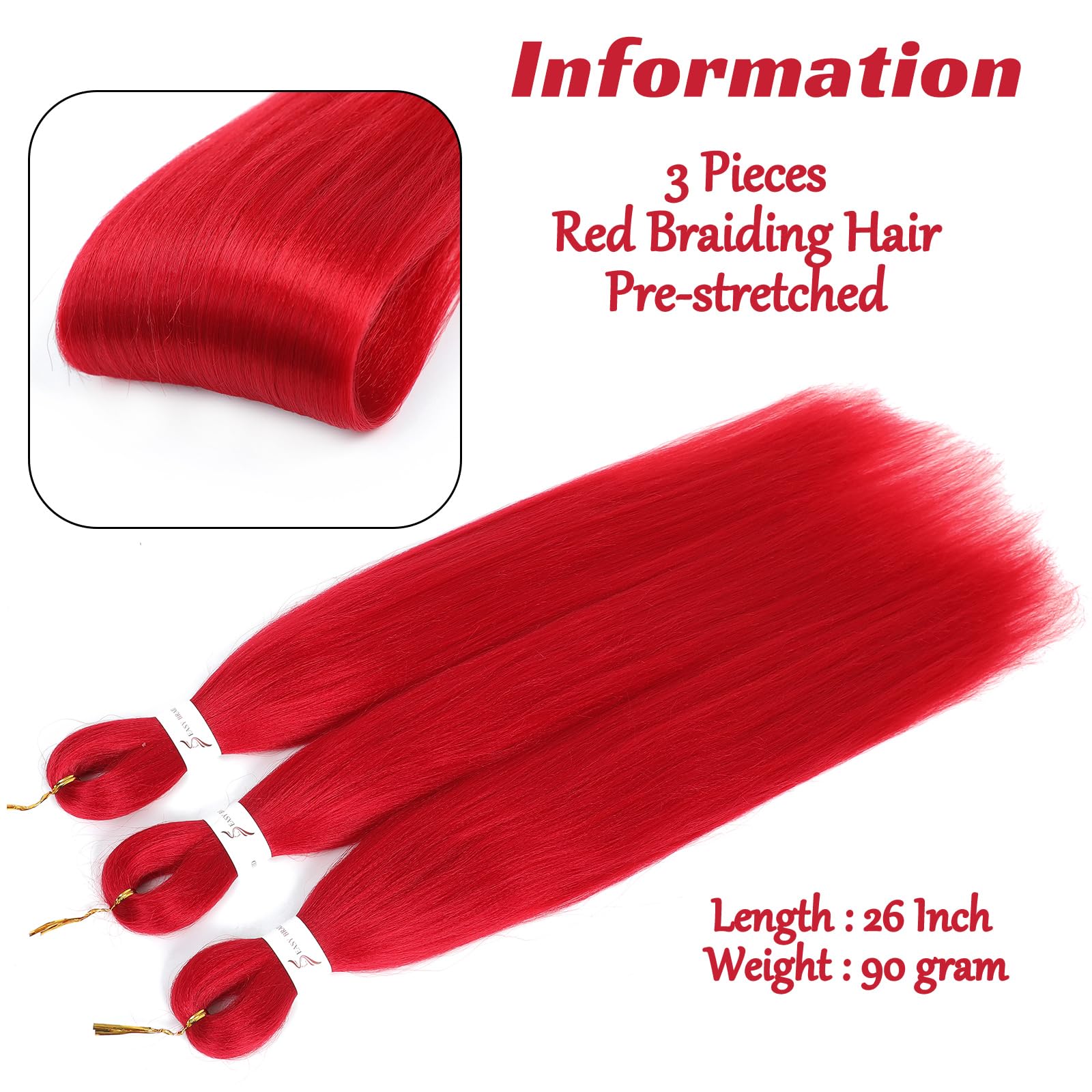 Royota Red Braiding Hair Pre Stretched Easy Braiding Hair Yaki Texture 3 Pieces Synthetic Prestretched Braiding Hair 26 Inches K