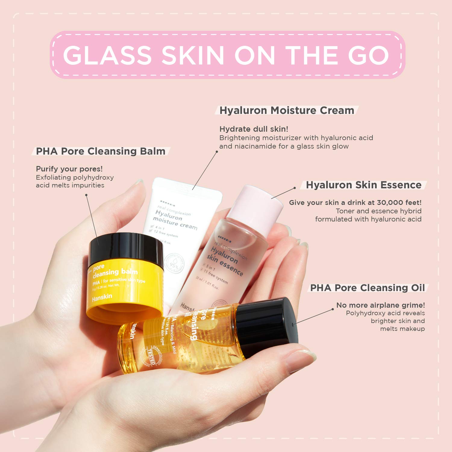 Hanskin Glass Skin On The Go Kit, Set Of 4, Moisturizing Travel Friendly Hydrating Skincare Set For Glowing Skin, Cleansers, Ski