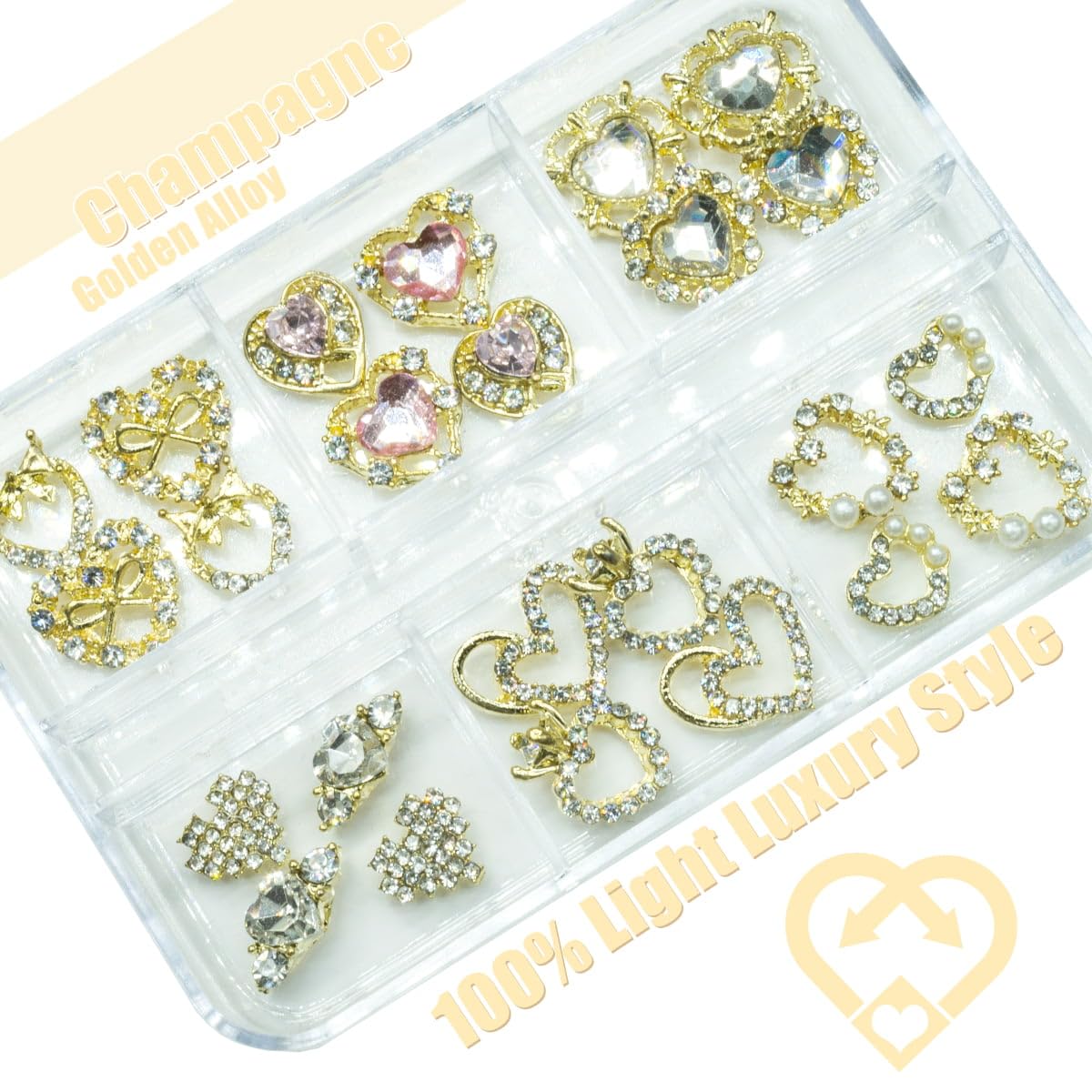 24Pcs Heart Nail Charms Luxury Alloy Charms For Nails, Qiipii 12 Pair 3D Gold Nail Art Rhinestones Nail Gems Golden Nail Crystal