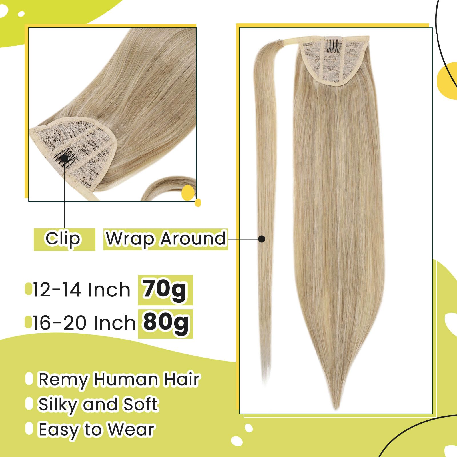 Runature Human Hair Ponytail Extension Blonde Straight Ponytail Hair Extensions Human Hair Full Ends Golden Blonde Highlight Lig
