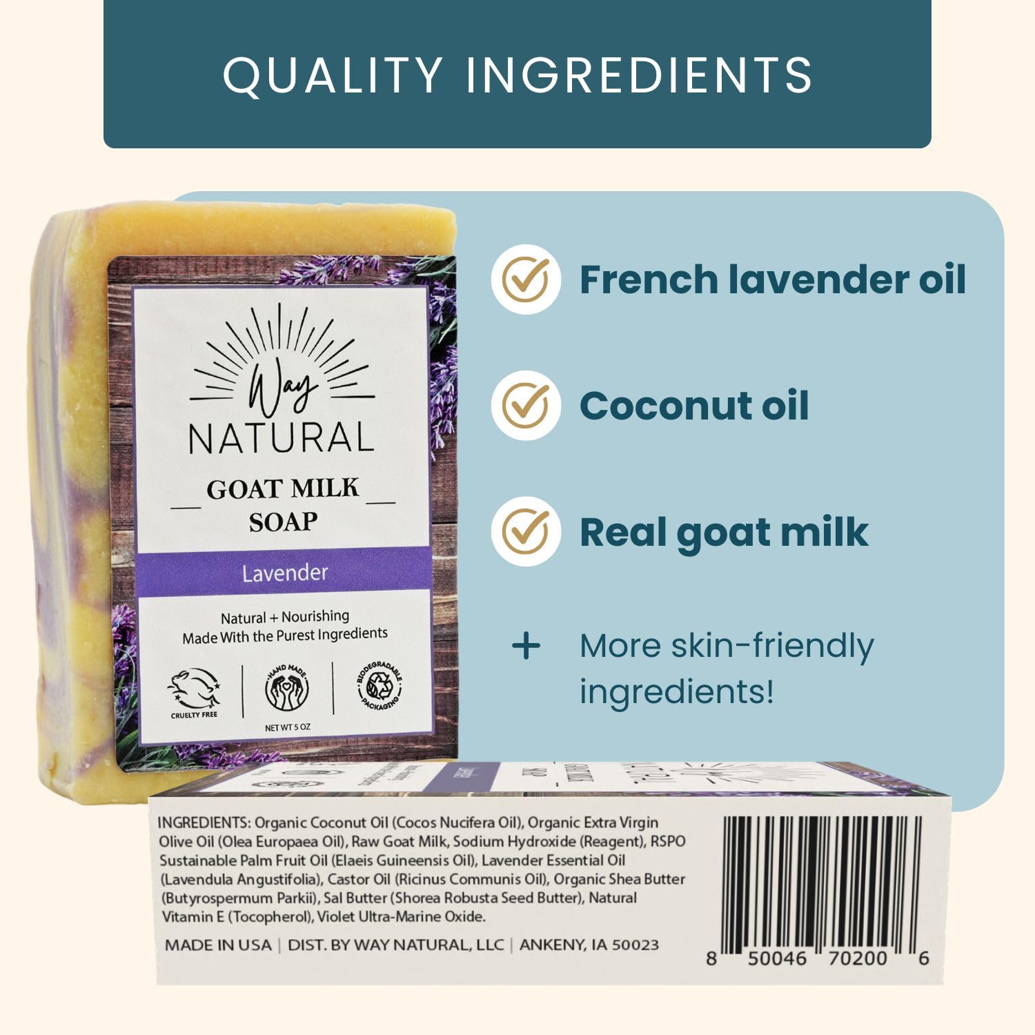 Way Natural Goat Milk Soap Bar, Lavender (1 Hand/Body Soap Bar) - Gentle, No Dyes, Real Goat Milk Bar Soap For Men & Women - Nat