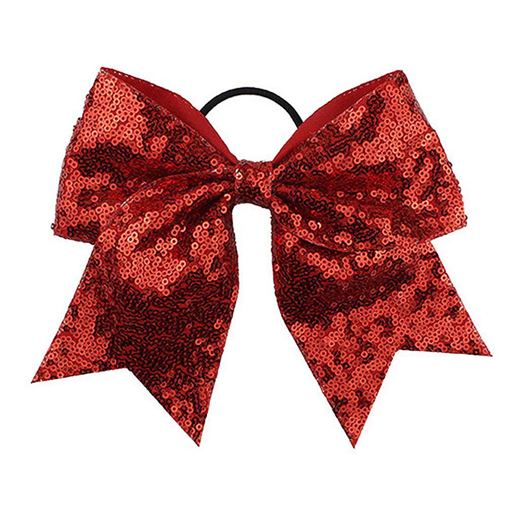 Oaoleer 12Pcs 7'' Large Glitter Cheer Hair Bows Ponytail Holder Elastic Band Handmade For Cheerleading Teen Girls Sports Red