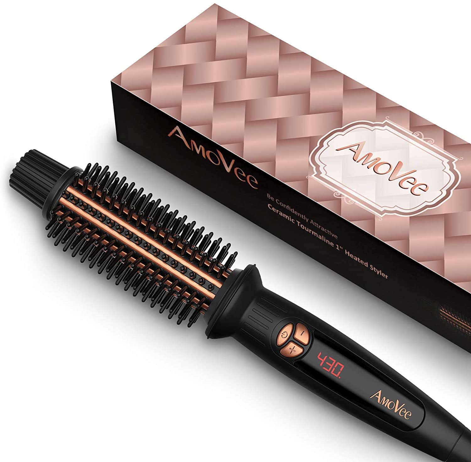 AmoVee Curling Iron Brush, 1 inch Heated Round Brush/Hair Curler/Straightener with Travel-Friendly Dual Voltage(100-240V), Tourm