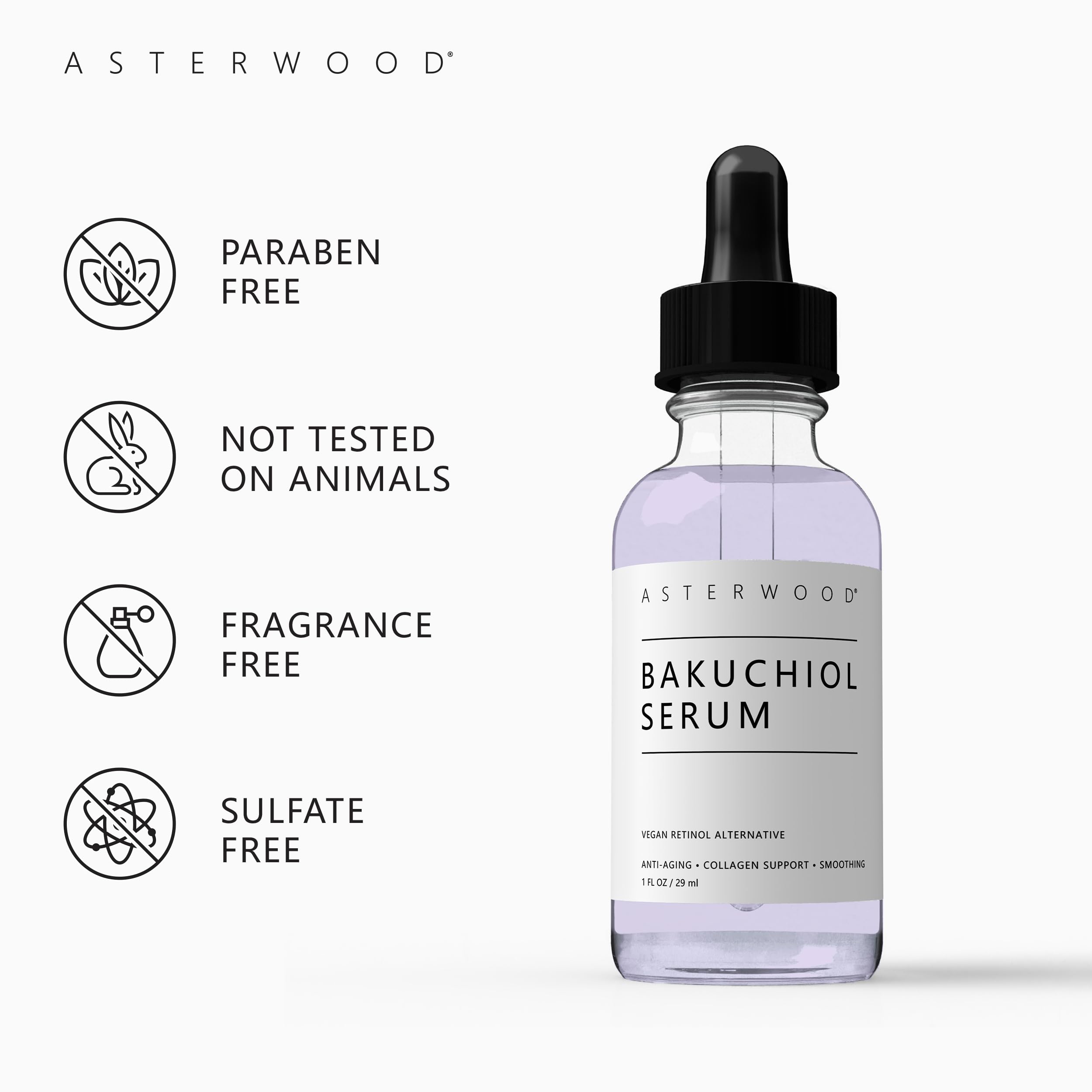 Asterwood Bakuchiol Serum For Face - Retinol Alternative Bakuchiol Oil - Plumping, Anti-Aging And Anti-Wrinkle - Smoothing Skin