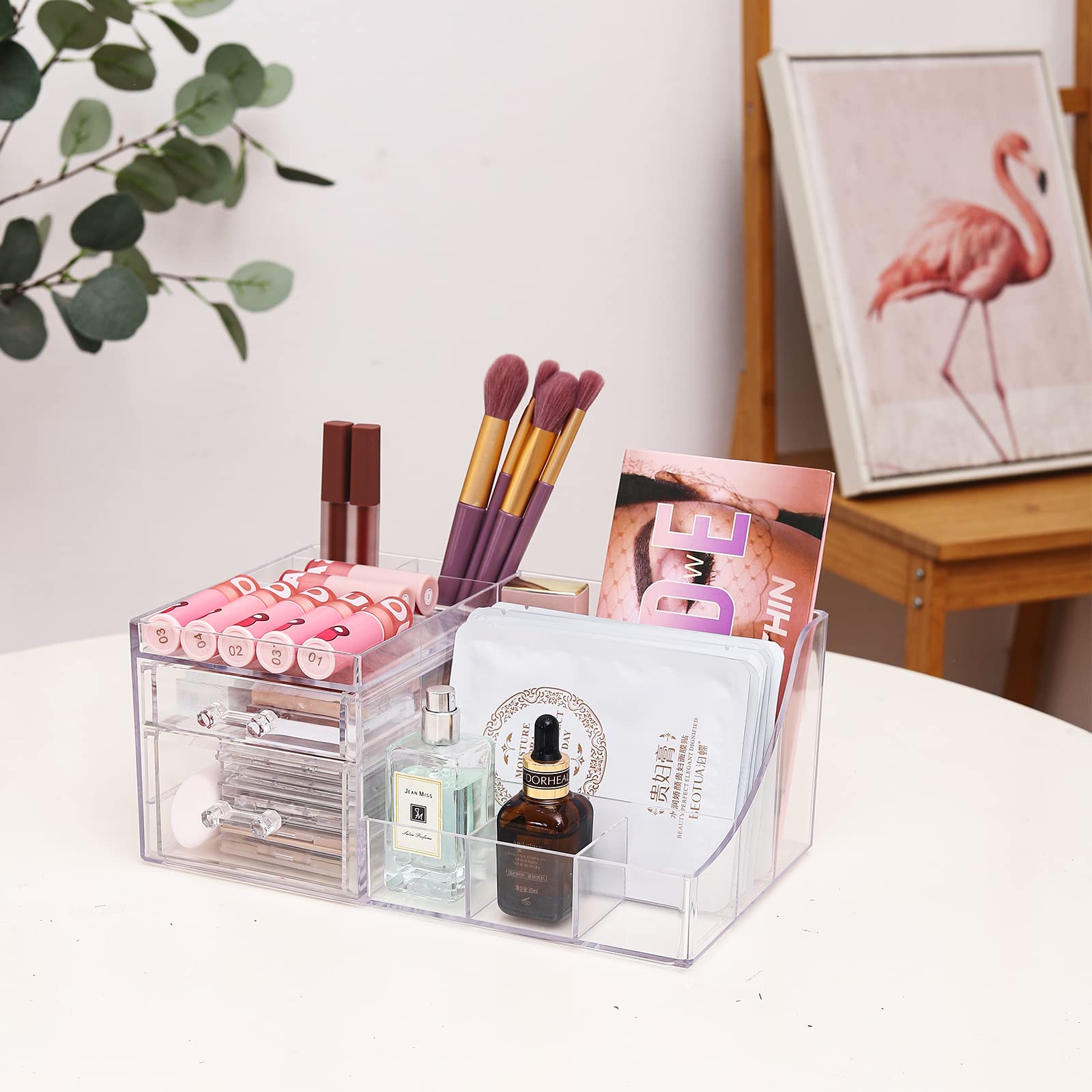 Cq Acrylic 1 Pack Clear Skincare Organizer For Vanity,Stackable 2 Drawers Make Up Organizer,Cute Cosmetic Organizer For Vanity J
