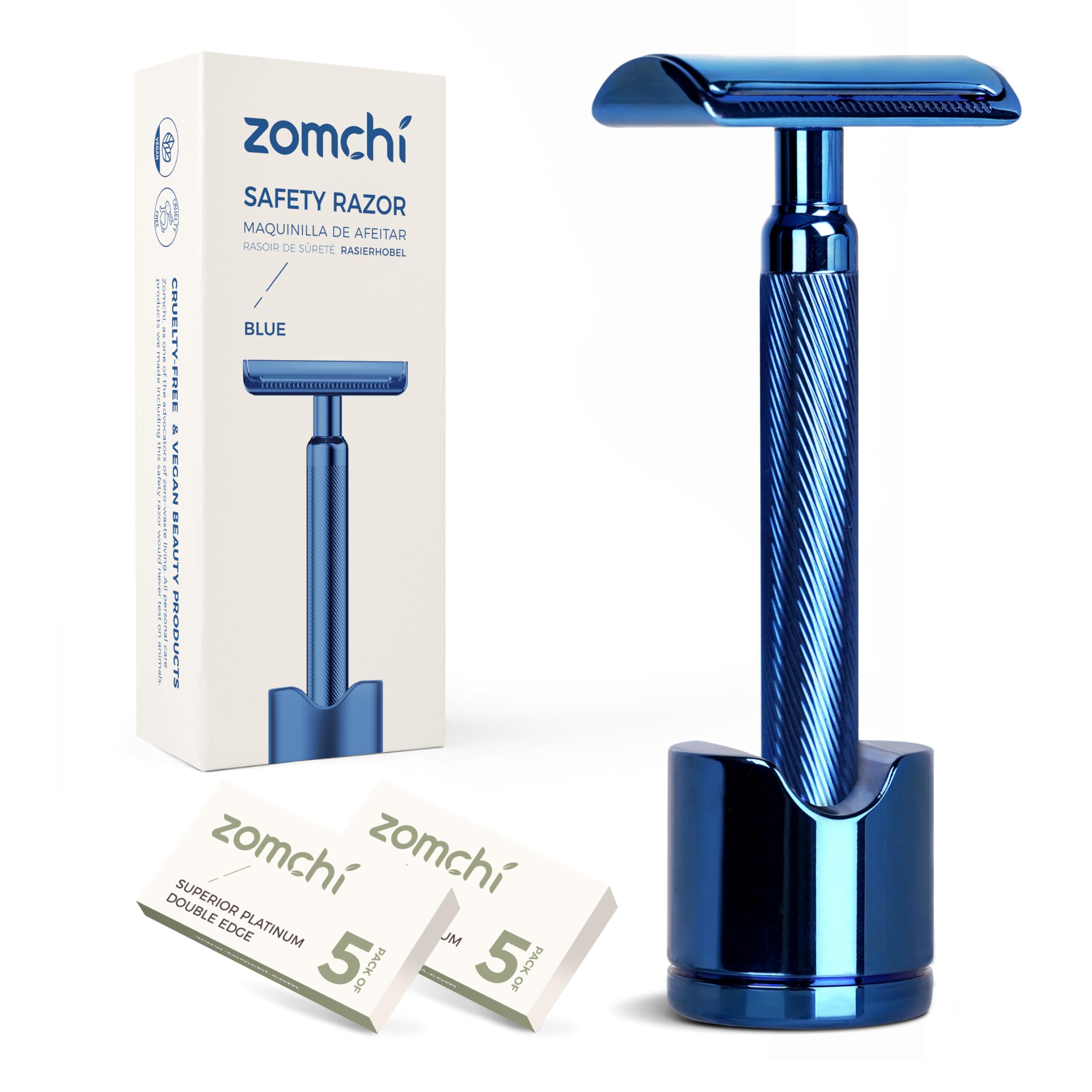 ZOMCHI Reusable Safety Razor with Razor Stand for Men & Women, Premium Metal Safety Razor with 10 DE Safety Razor Blades, Plasti